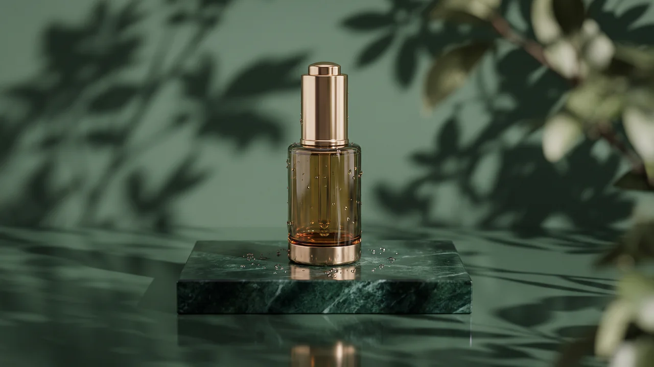Unbranded skincare bottle on dark green stone in a beauty concept created with Nano Banana Pro.