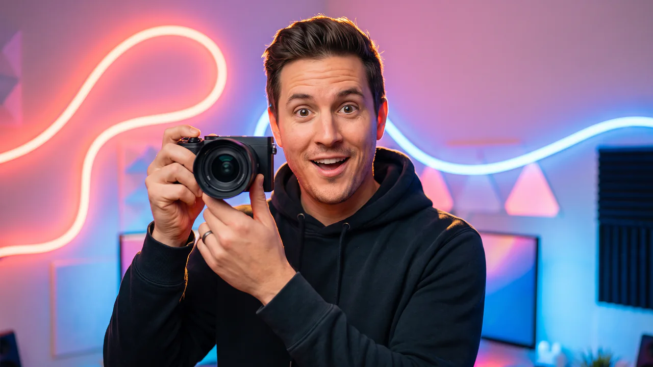 Expressive creator presenting an unbranded camera in a thumbnail concept made with Nano Banana Pro.