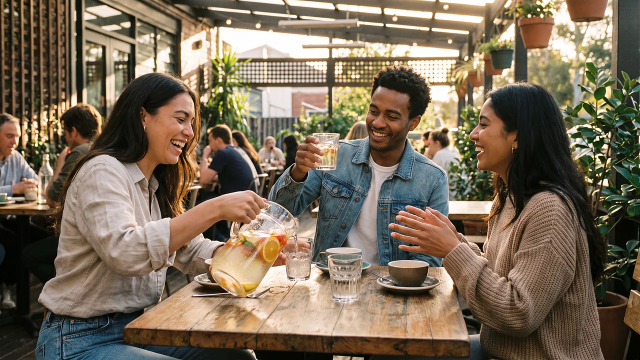 Friends sharing drinks at a sunlit cafe in a lifestyle concept created with Nano Banana Pro.
