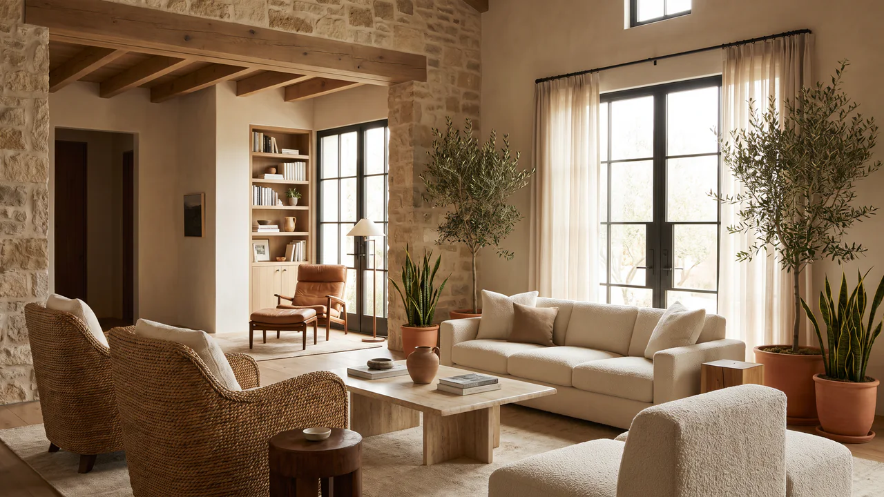 Warm contemporary living room staged as a property marketing concept with Nano Banana Pro.