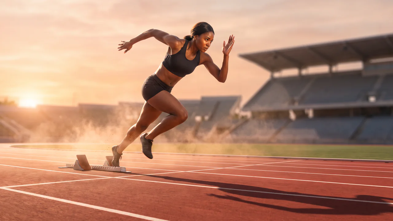 Female sprinter launching from starting blocks at sunrise in a sports campaign concept created with Nano Banana Pro.