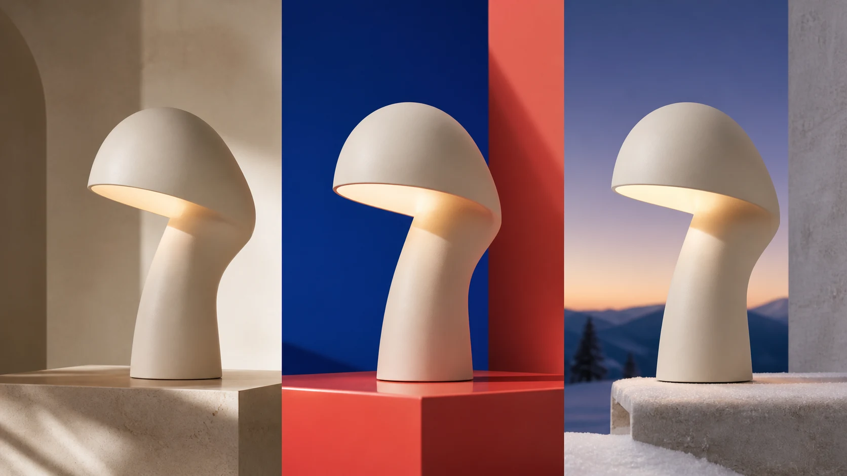 Illustrative campaign exploration showing the same sculptural lamp in three distinct advertising directions.