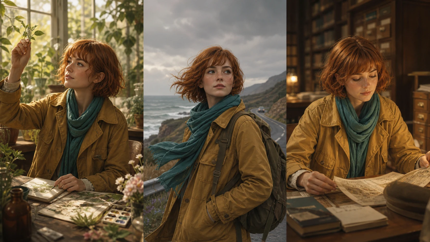 Illustrative character workflow showing one fictional explorer across three environments.