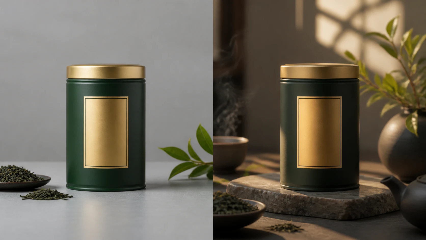 Illustrative draft-to-final workflow showing a green tea tin refined into a polished product scene.