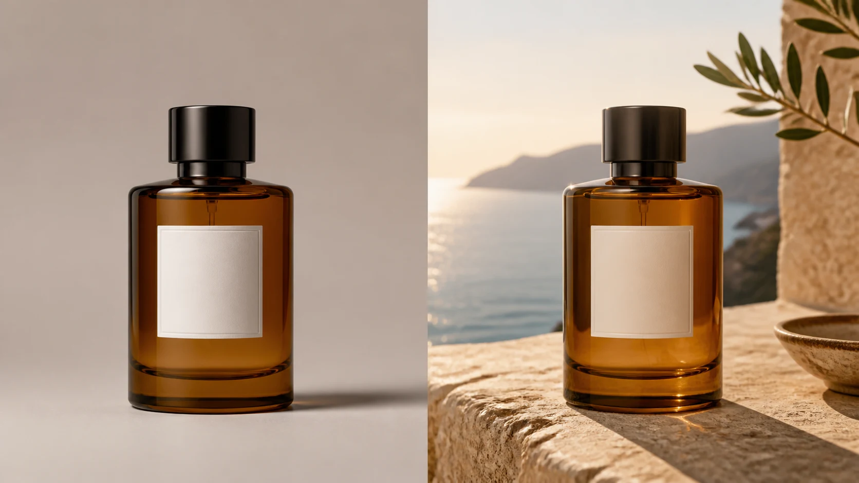 Illustrative before-and-after workflow showing a fragrance bottle moved from a studio setup into a Mediterranean lifestyle scene.