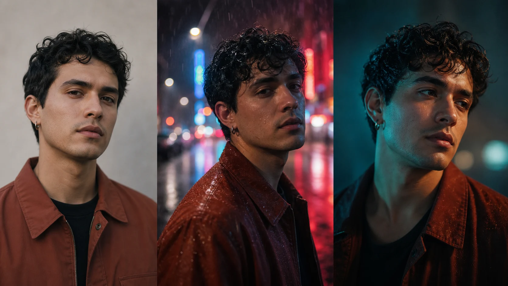 Illustrative reference-edit workflow showing one fictional subject across neutral, neon, and cinematic settings.