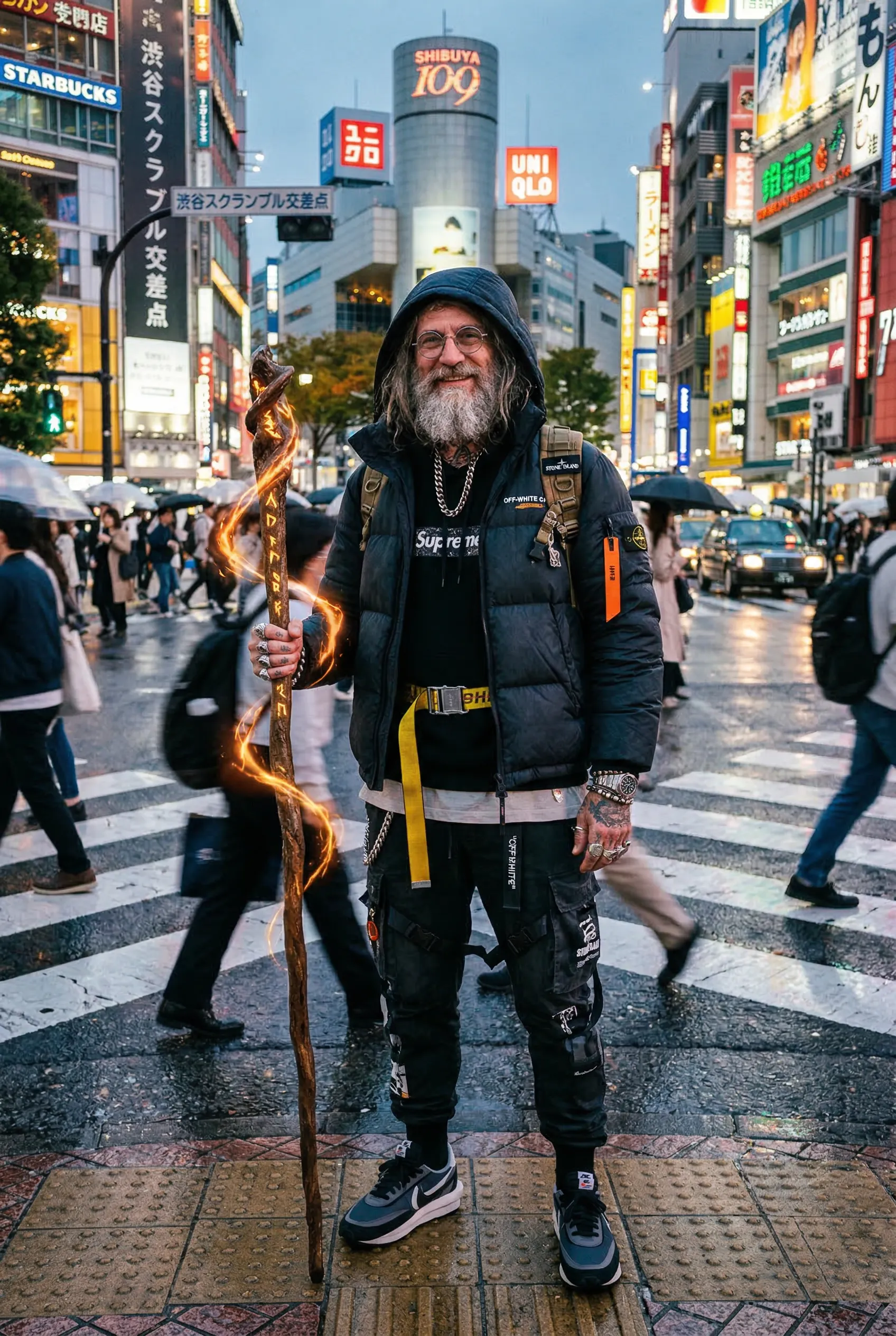 A photorealistic portrait of an elder wizard wearing modern streetwear, hypebeast style, standing in Shibuya crossing, shot on 35mm film.
