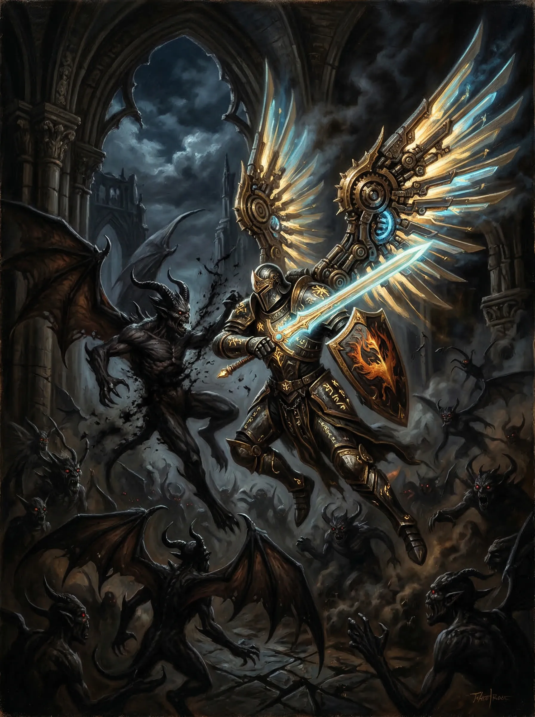 An intricate, dark fantasy oil painting of an angelic knight with glowing mechanical wings battling shadowy demons. High contrast, rembrandt lighting.