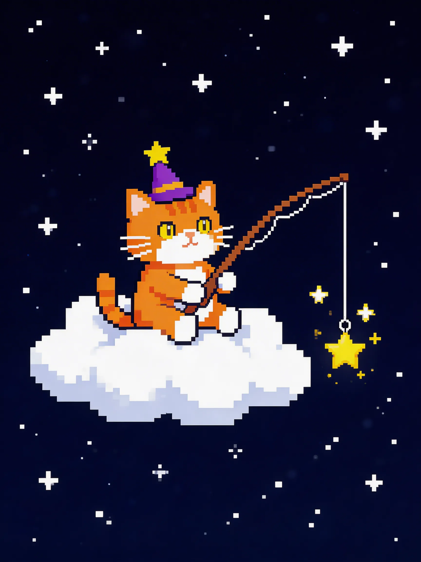 An 8-bit pixel art animation still of a magical cat floating on a cloud while fishing for stars in a dark starry night sky.