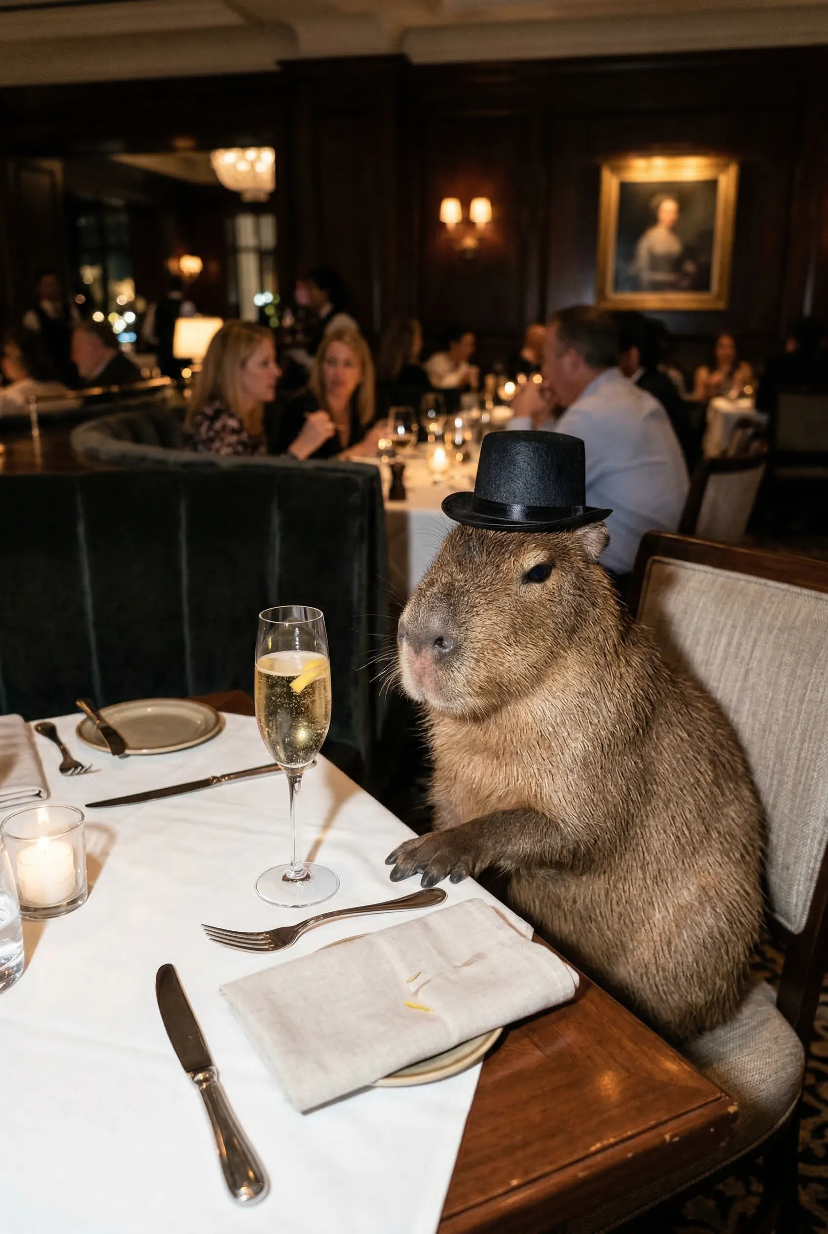 A realistic iPhone photo of a capybara wearing a tiny top hat, sitting at a fancy restaurant table with a glass of champagne, flash photography style.