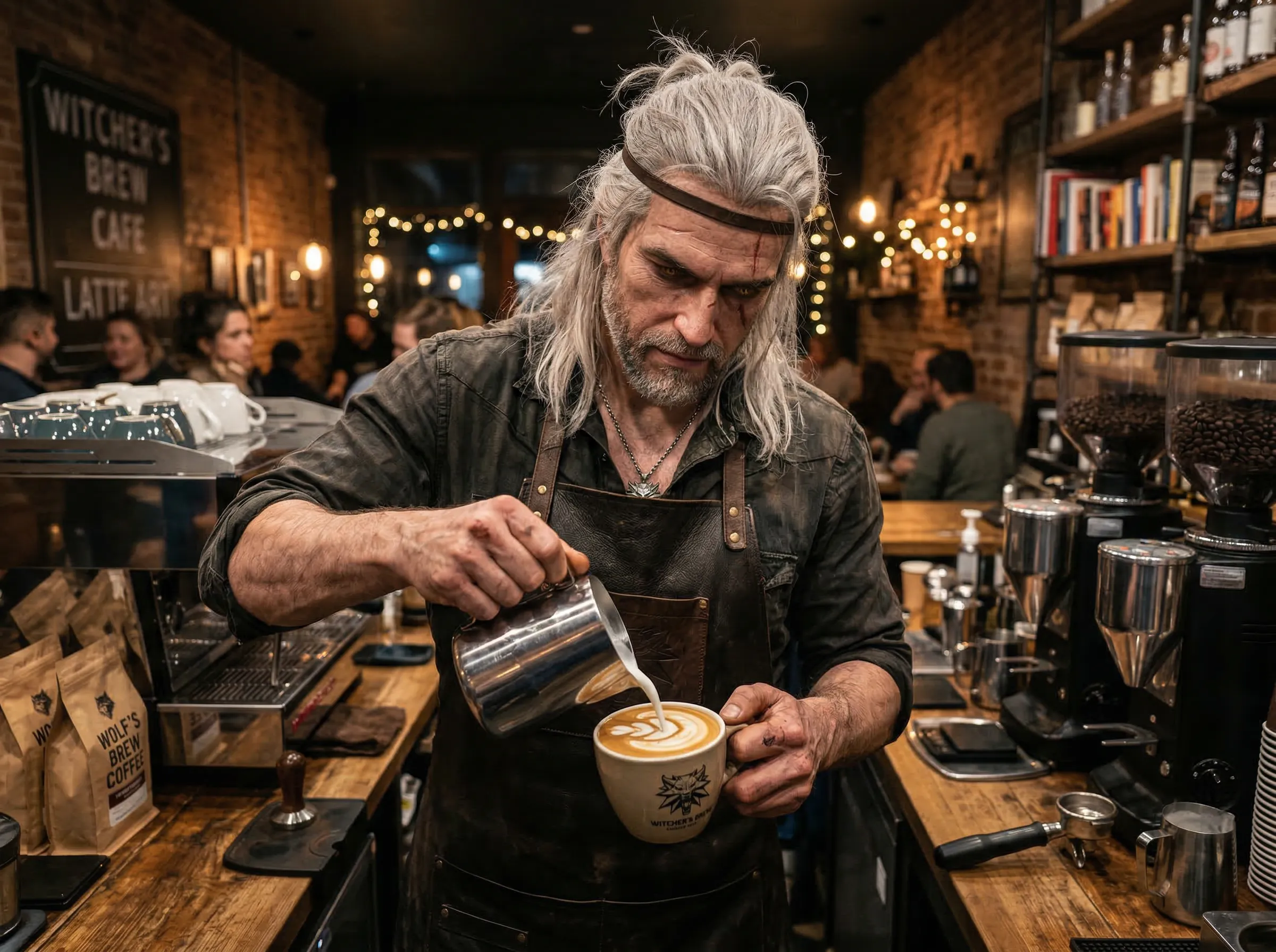 Geralt of Rivia working as a barista in a modern cozy cafe, pouring latte art, hyperrealistic portrait, moody lighting.