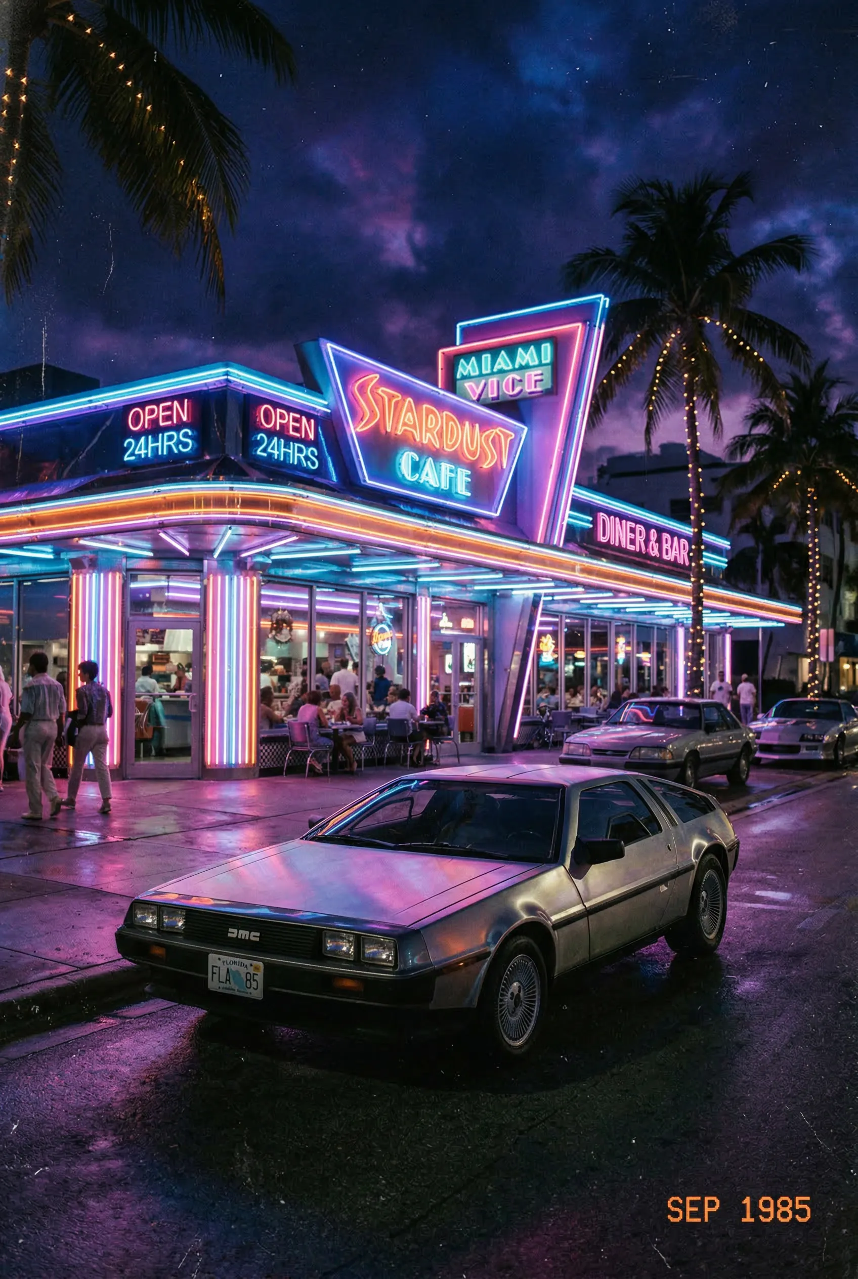 A grainy film photo from 1985 of a DeLorean parked in front of a futuristic neon diner in Miami, palm trees, retrowave aesthetic.