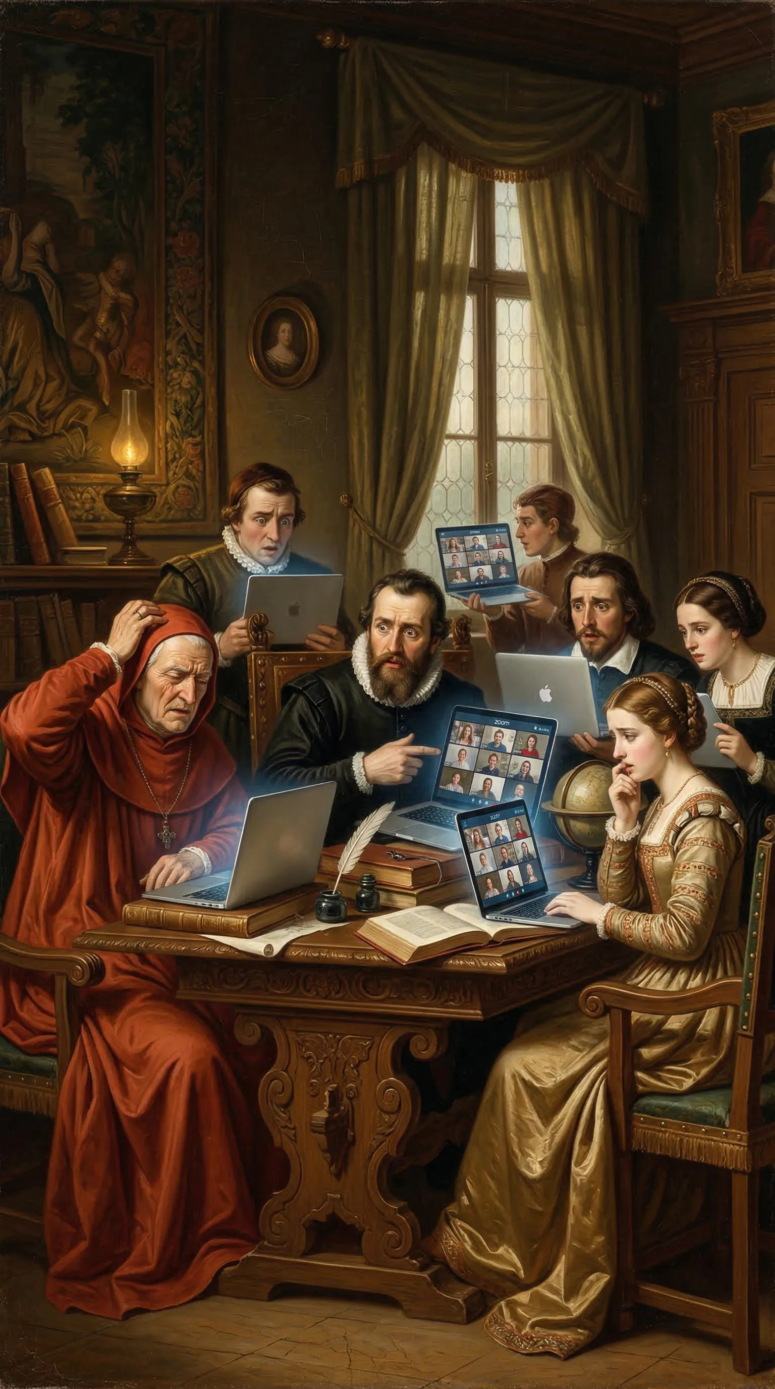 A renaissance oil painting of a modern Zoom meeting, with people in classical attire looking confused at their laptops.