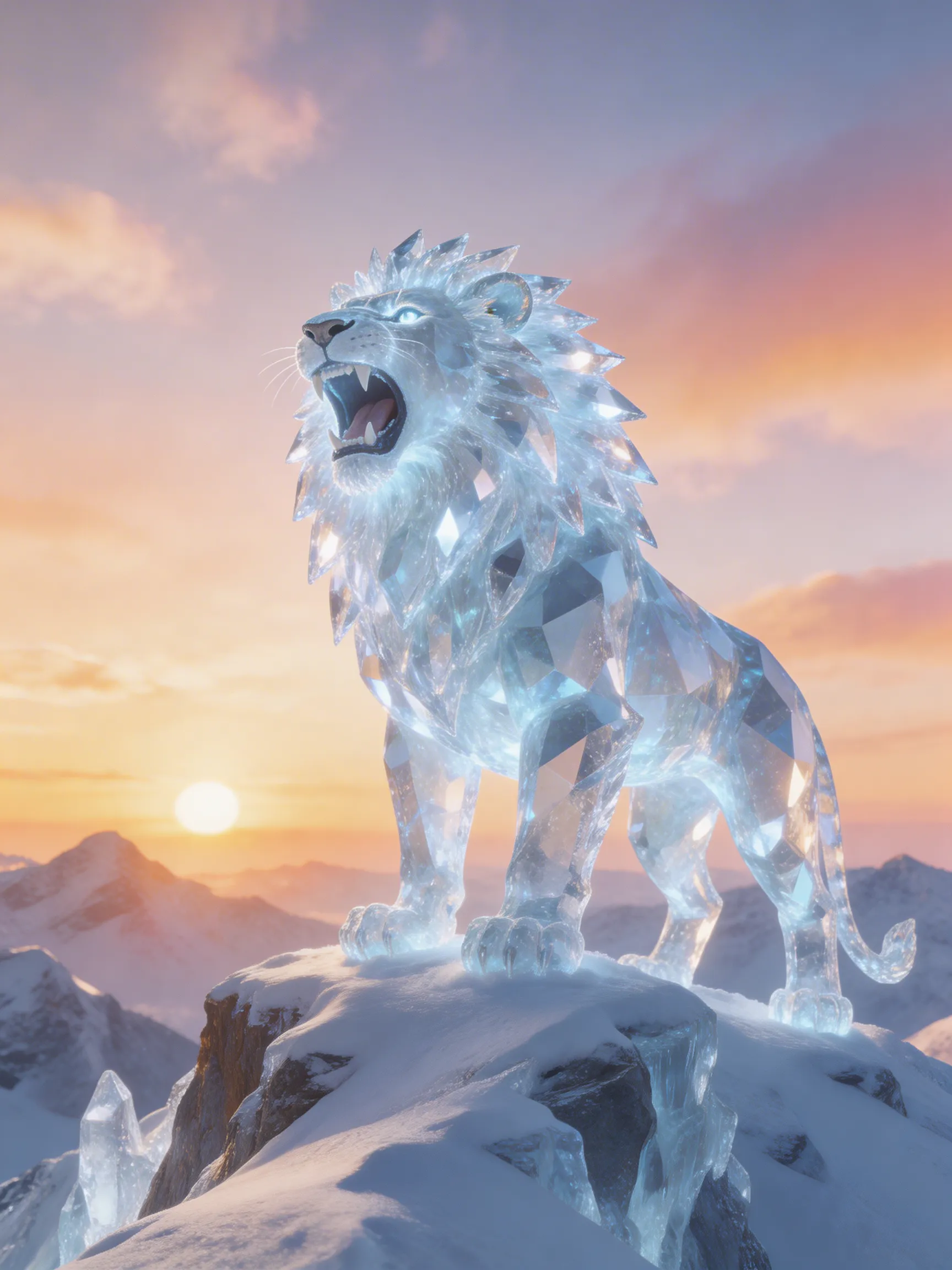 A majestic lion made of glowing crystal shards roaring on top of a snowy mountain peak at sunrise, magical realism.