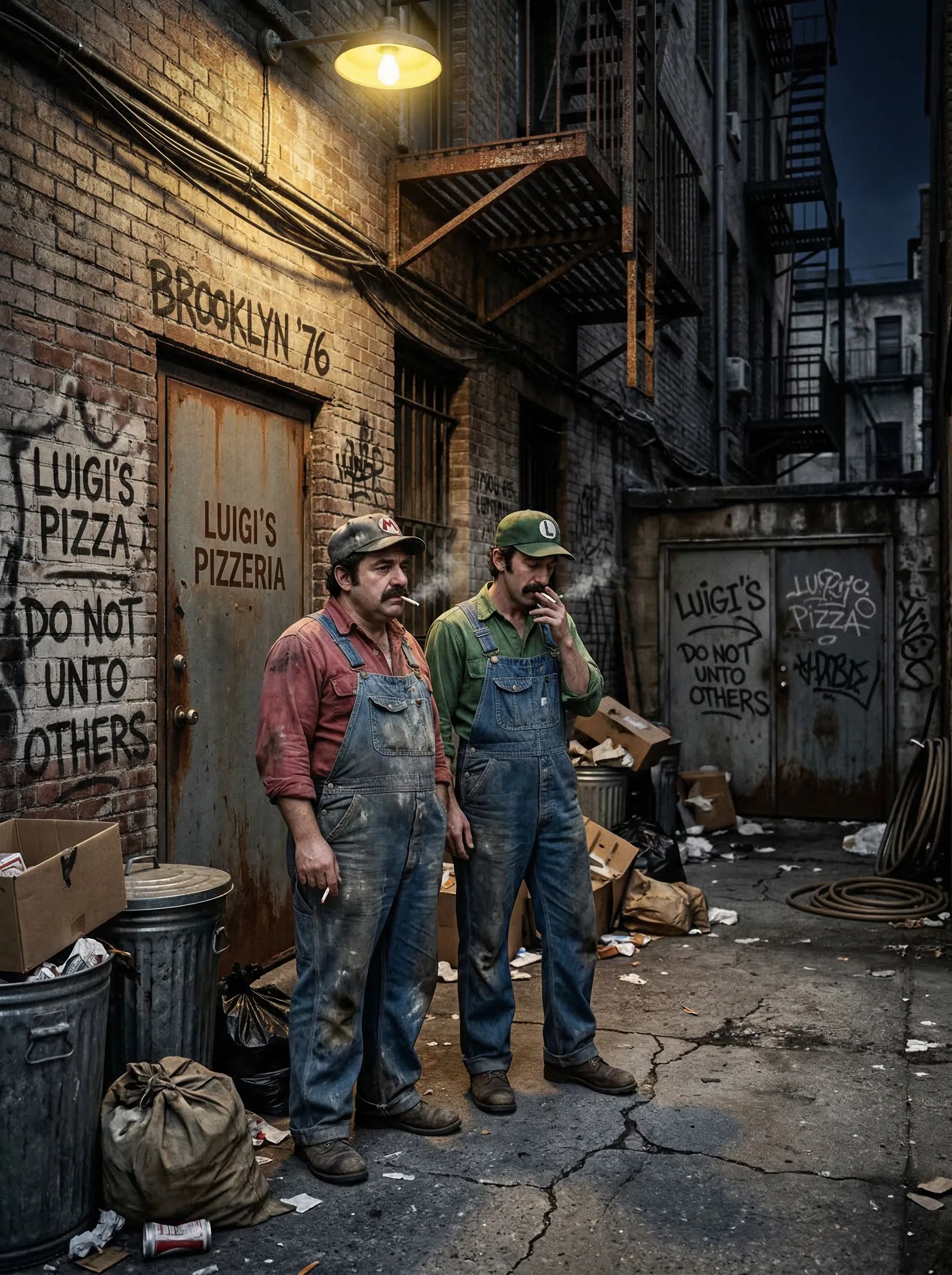 A candid street photography shot of Mario and Luigi smoking cigarettes in the back alley of a Brooklyn pizzeria, gritty 1970s aesthetic.