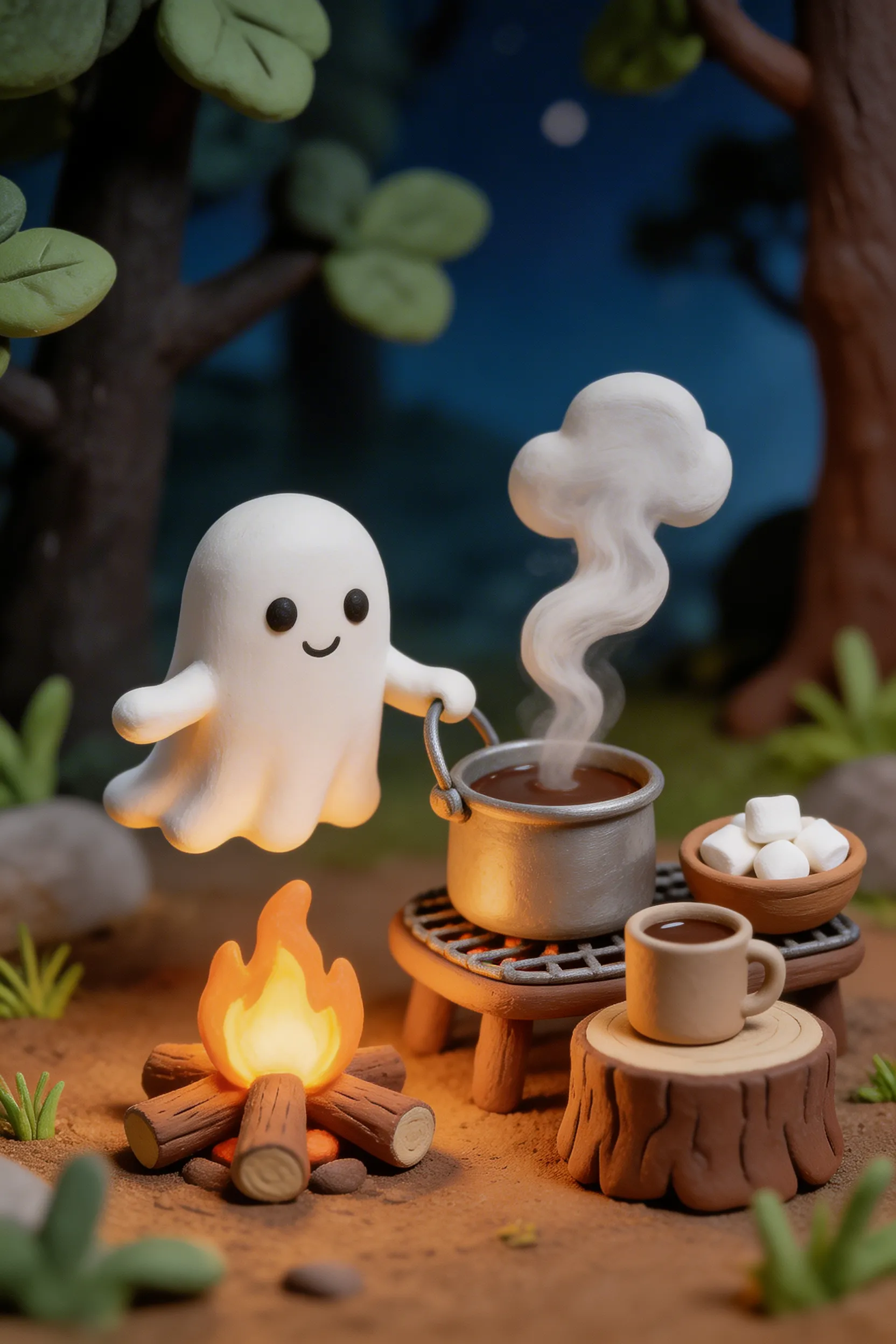 A claymation style render of a tiny ghost making hot chocolate on a campfire.