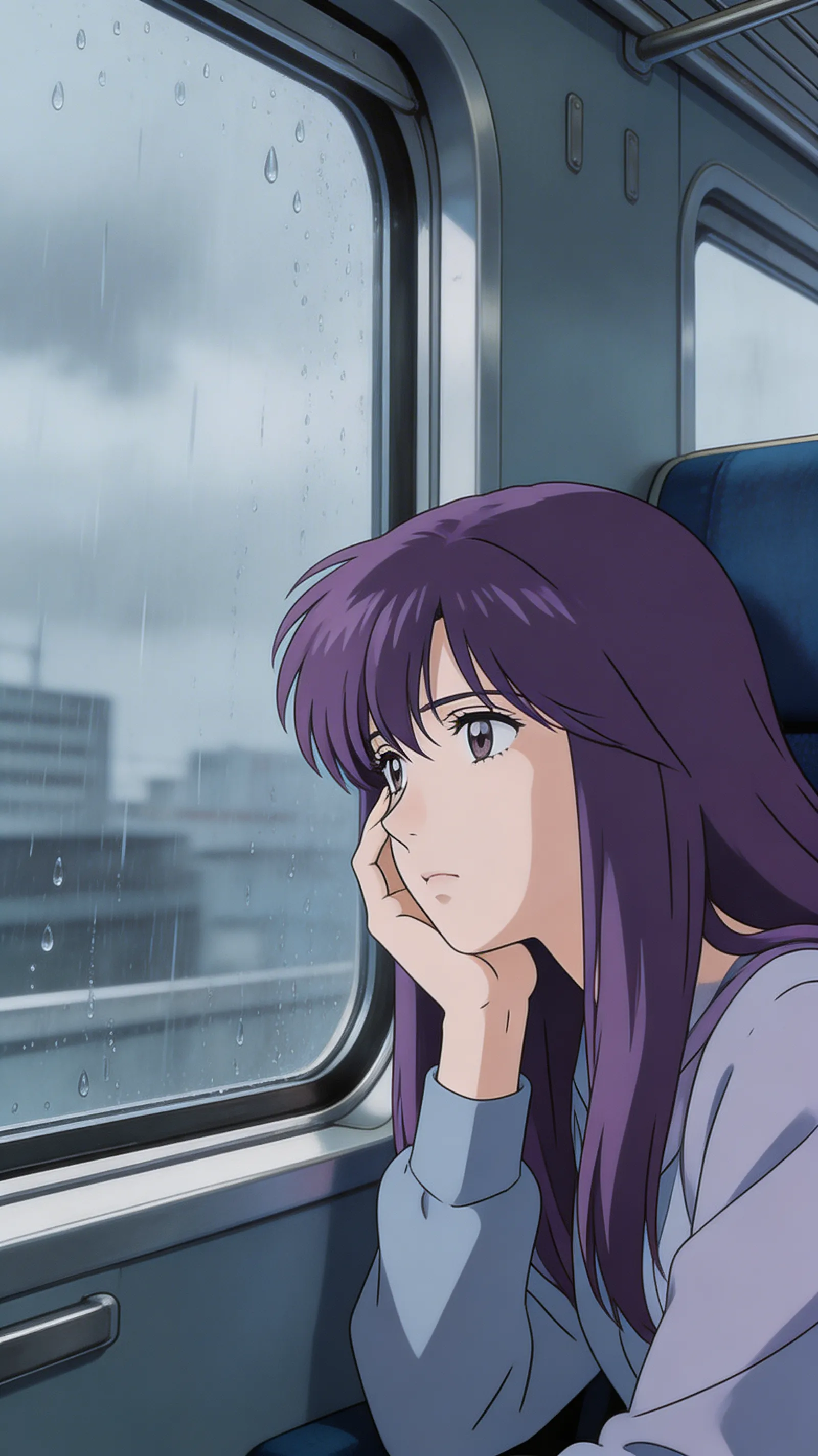 Vintage 90s anime style, a mysterious girl with violet hair looking out of the window of a bullet train, rain drops on the window, melancholy mood.