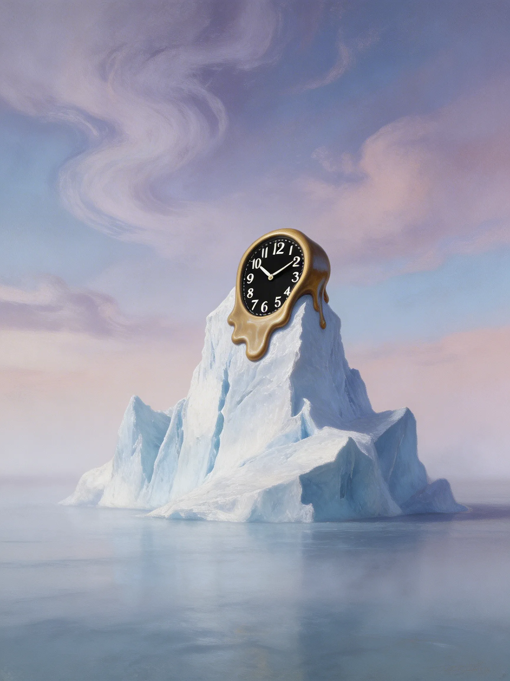 A surrealist painting of a giant clock melting over an iceberg, Salvador Dali style, dreamlike atmosphere.