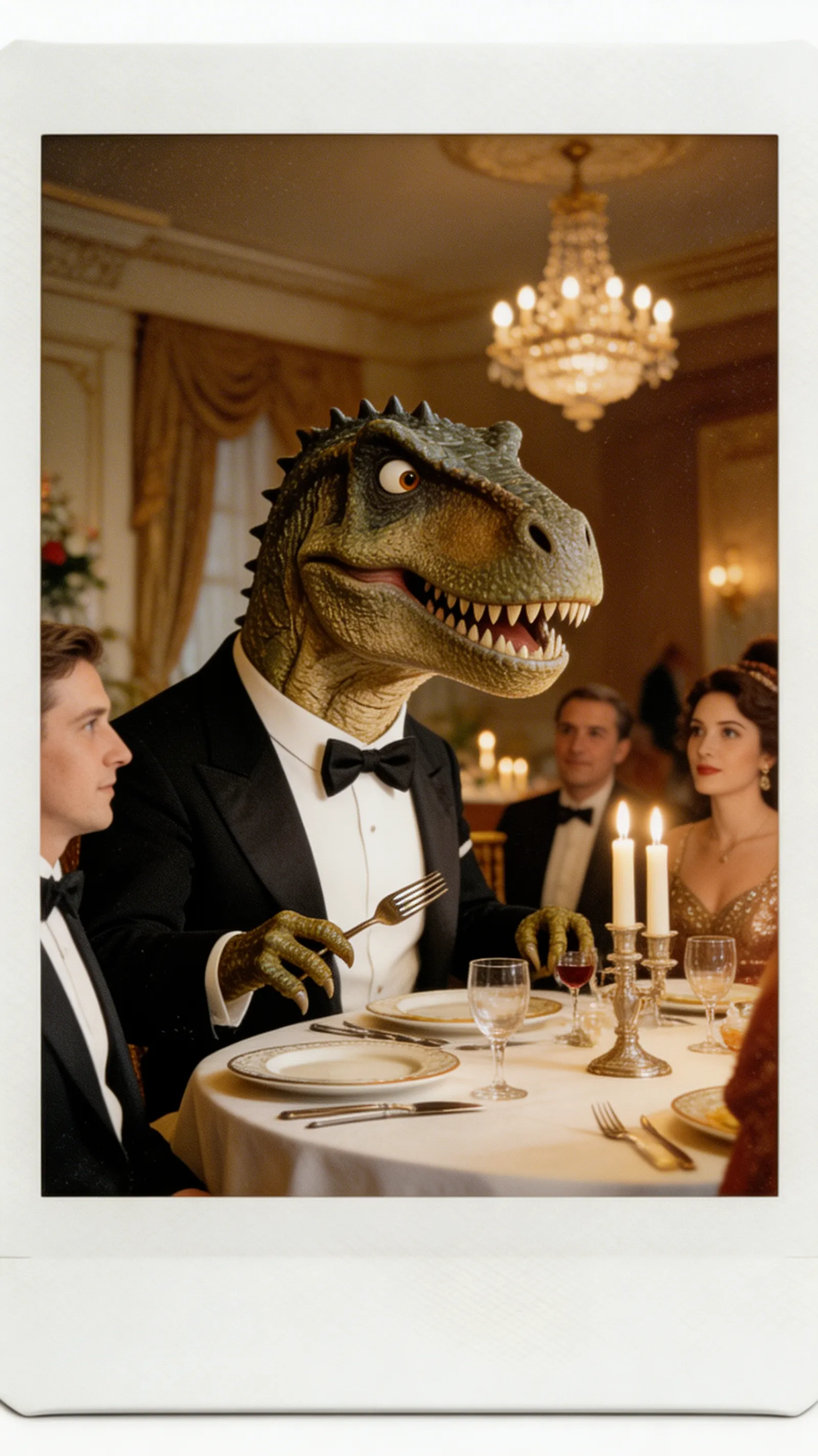 A realistic polaroid of a T-Rex attending a formal dinner party wearing a tuxedo, looking awkward, film grain.