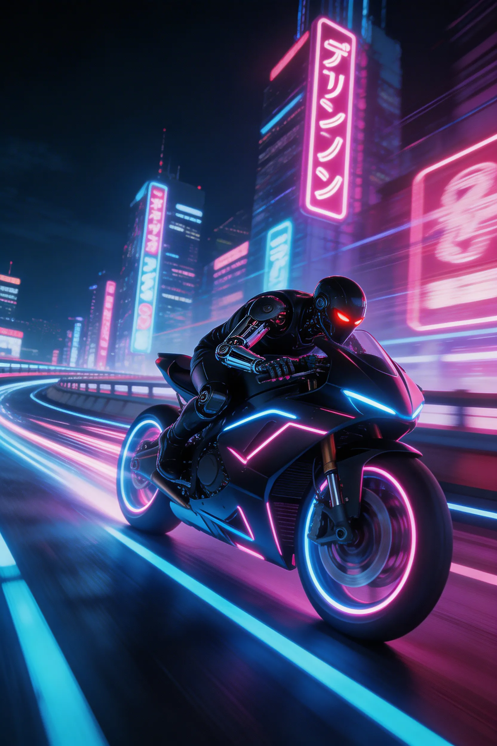 A futuristic cyborg racing motorcycle on a neon highway, Akira style, glowing trails, intense speed and motion blur.