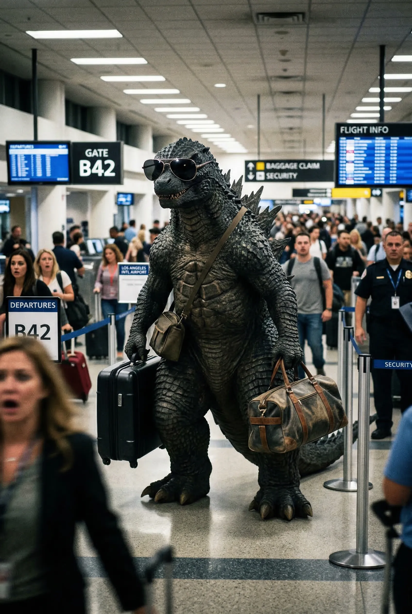 A candid paparazzi photo of Godzilla wearing dark sunglasses at the airport, carrying luggage. Blurry, spontaneous shot with a TMZ vibe.