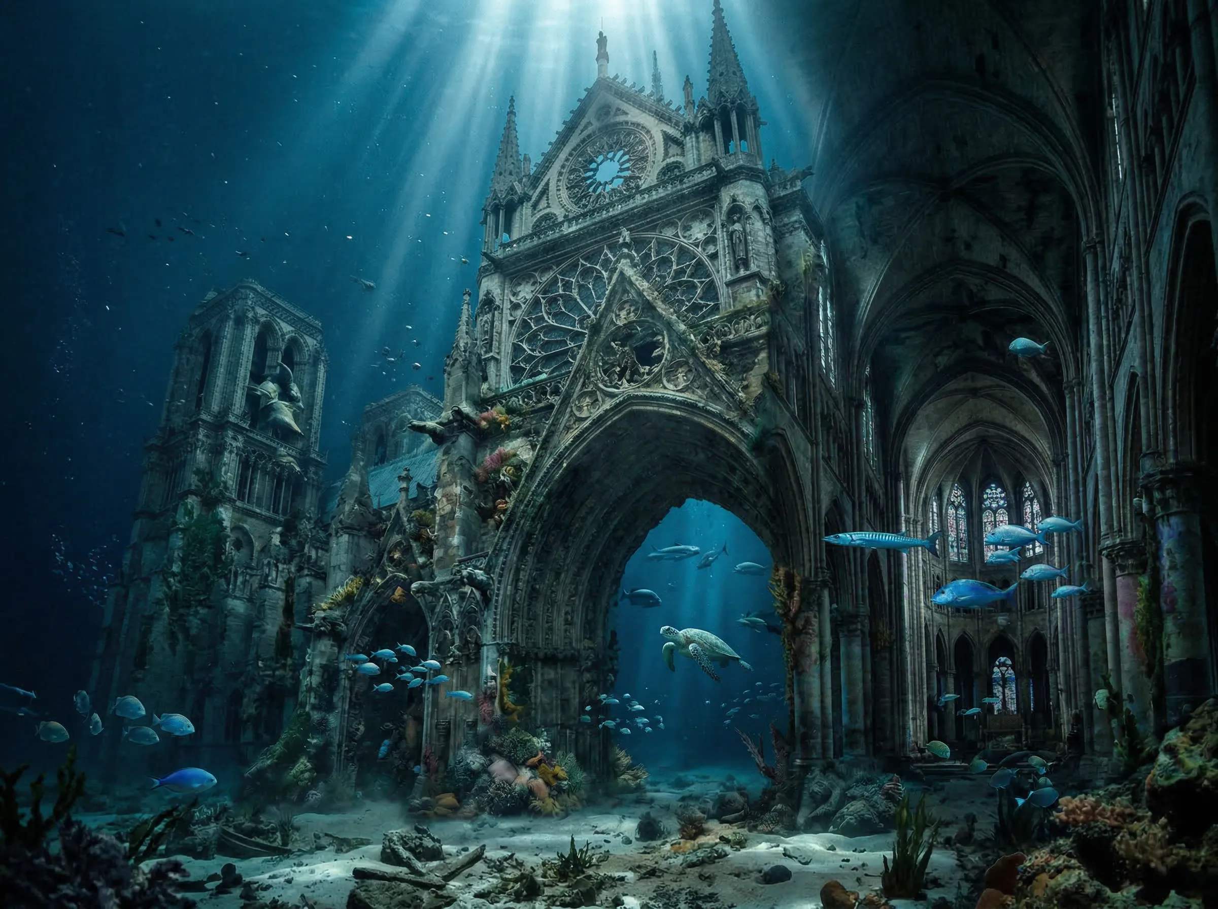 A hauntingly beautiful gothic cathedral submerged underwater, rays of light penetrating the deep sea, marine life swimming through the ruins.