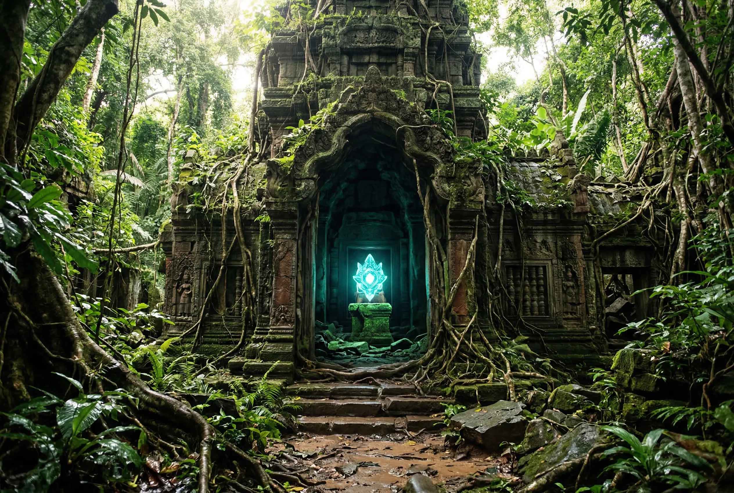 A photorealistic depiction of an ancient forgotten temple in a jungle, overgrown with vines, a mysterious glowing artifact in the center.
