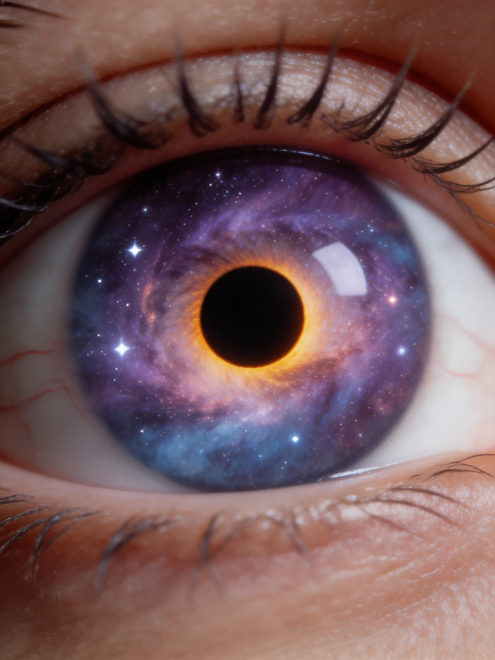A close-up shot of a human eye, but the iris is a detailed galaxy with a black hole in the center. Macrophotography.