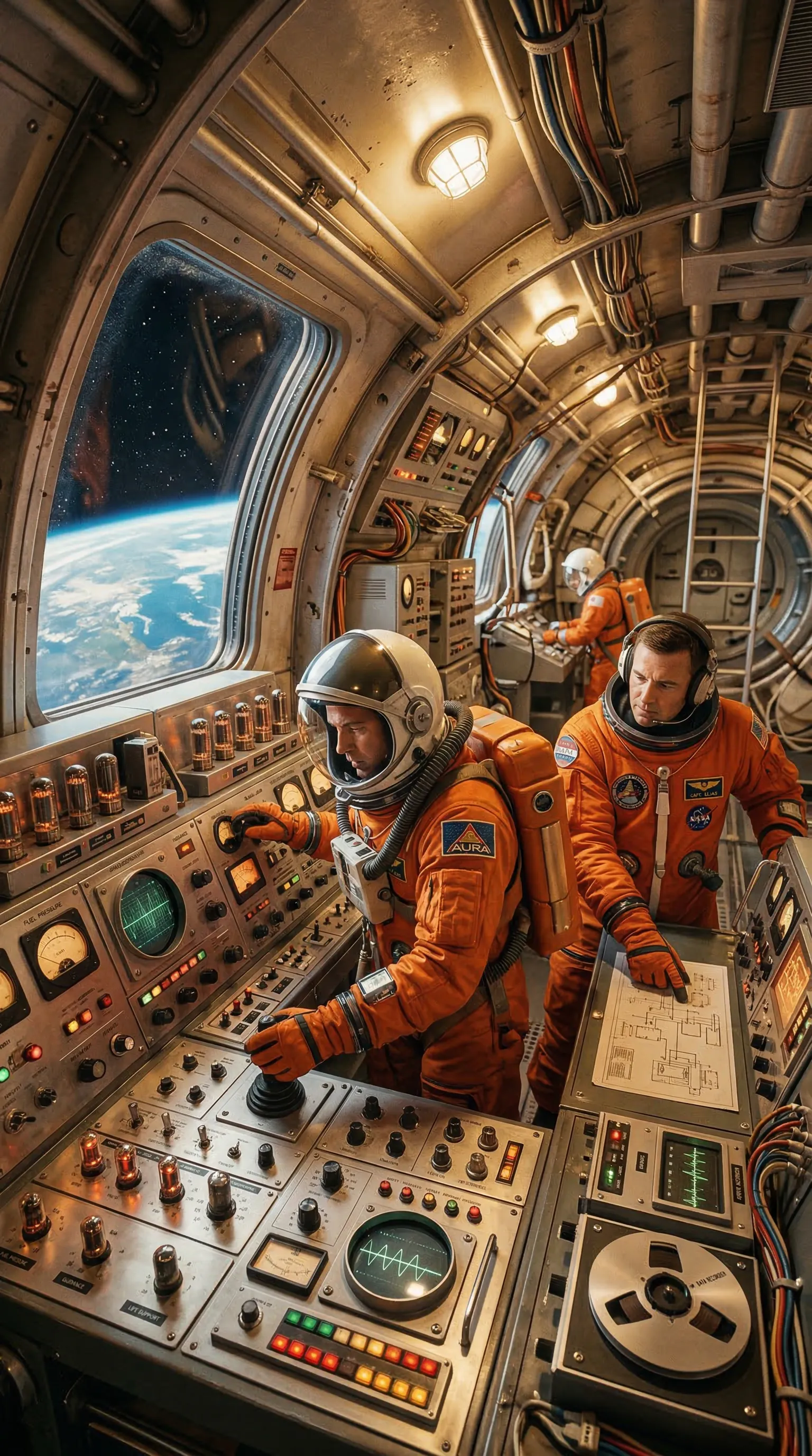 A retro-futuristic space station interior, styled like the 1960s, astronauts wearing orange retro suits, high tech analog equipment.