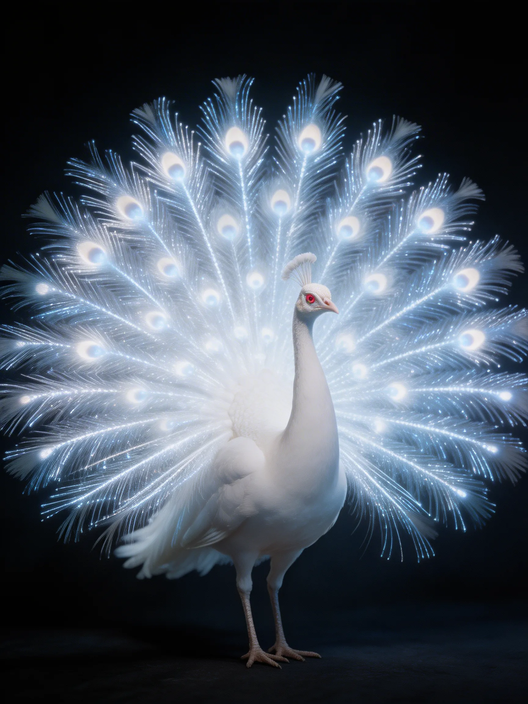 A majestic albino peacock opening its feathers, which are made of glowing fiber optics. Dark background, elegant.