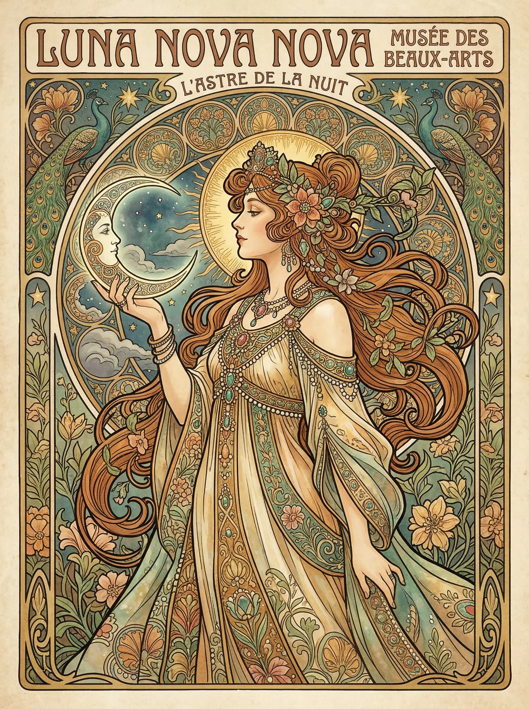 A stylized Art Nouveau poster featuring a woman with flowing hair holding a crescent moon, Mucha style, elegant linework.