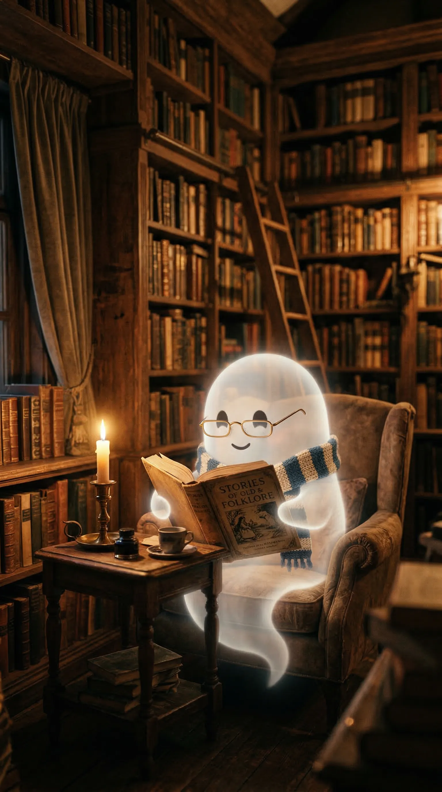 A cute ghost reading a book by candlelight in a cozy library, wearing reading glasses.