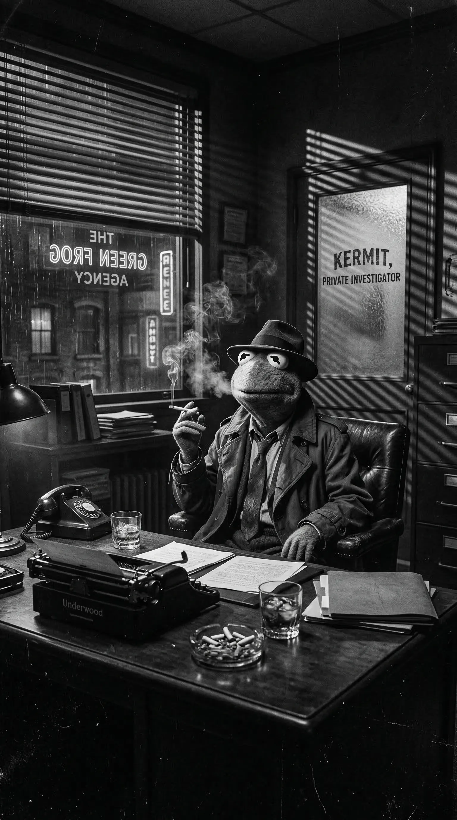 A gritty, film noir detective photo of Kermit the Frog smoking a cigarette in a dimly lit office, venetian blind shadows.