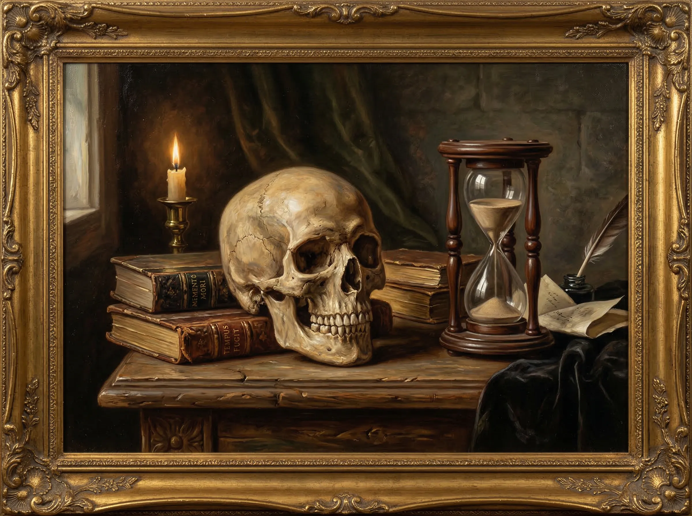 A beautifully lit still life painting of a skull, old leather-bound books, and an hourglass, classic Dutch master style.