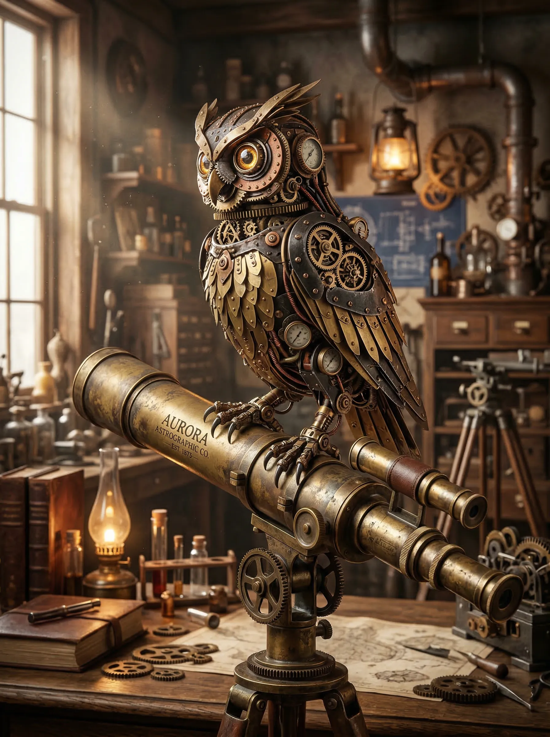 A steampunk style mechanical owl sitting on an old brass telescope, intricate gears and cogs, volumetric lighting.