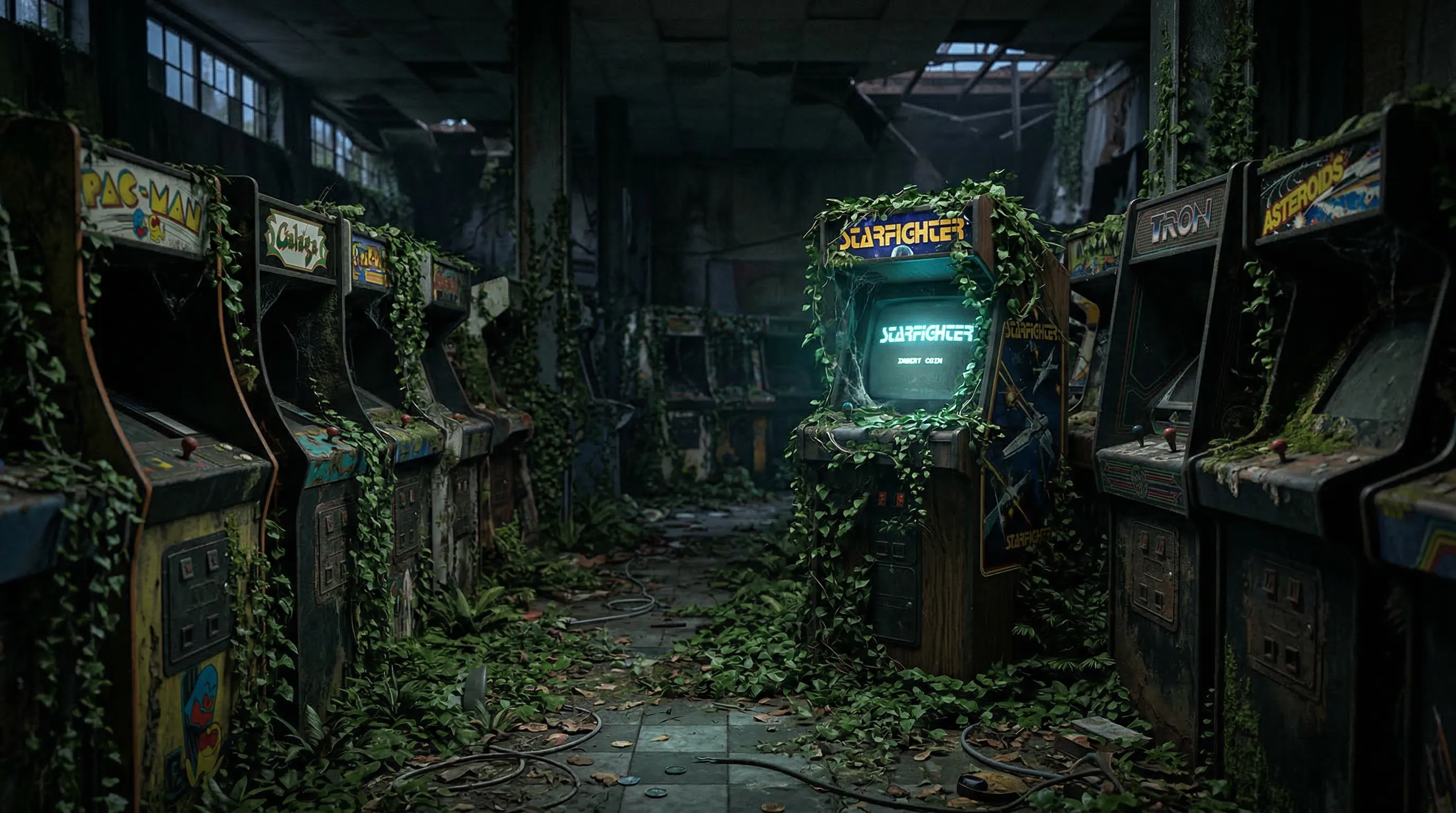A photorealistic shot of an abandoned arcade from the 80s, the machines are overgrown with vines, a single screen still glows faintly.