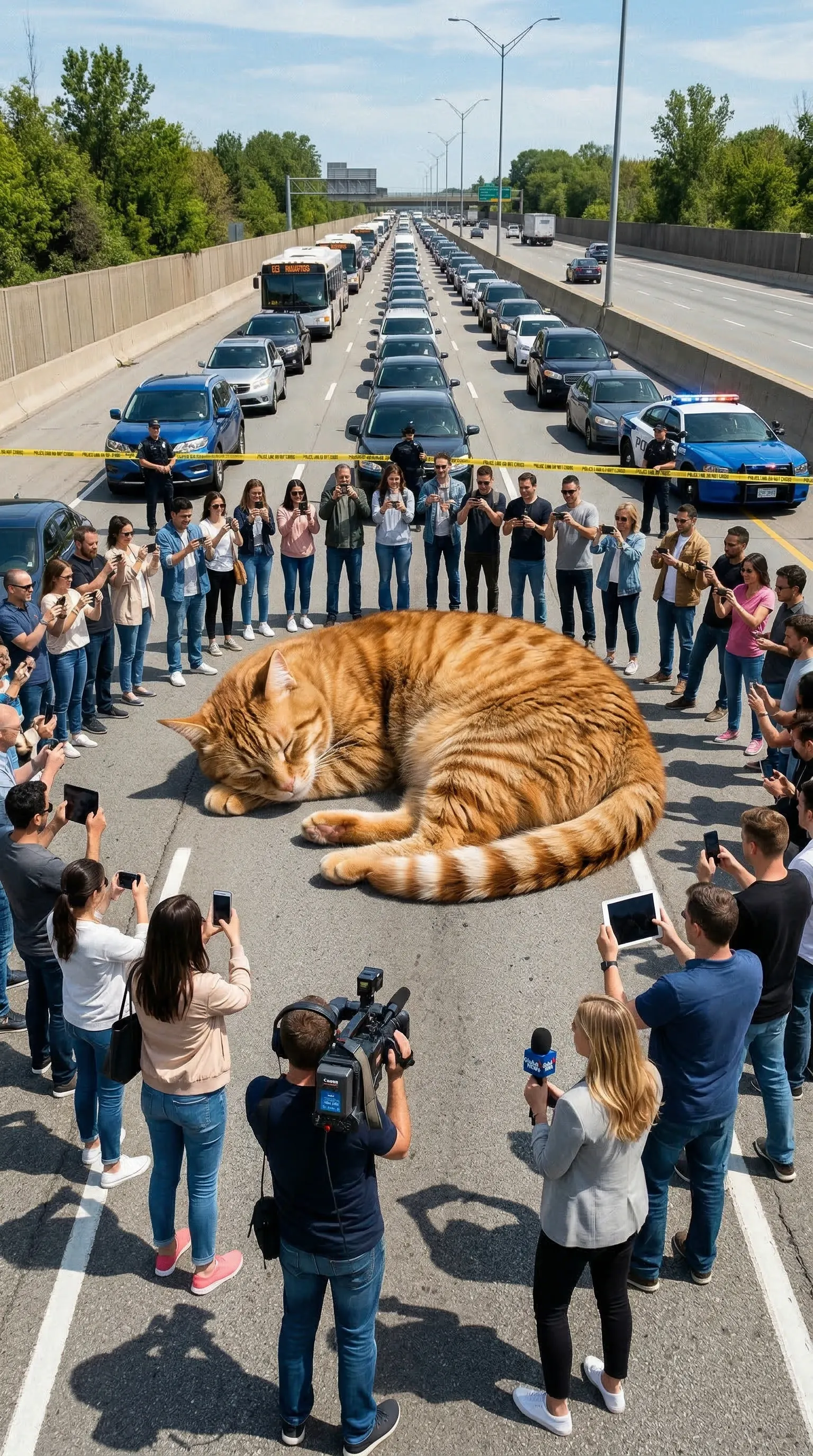 A giant sleeping cat blocking a highway, people taking photos around it, realistic news footage style, sunny day.