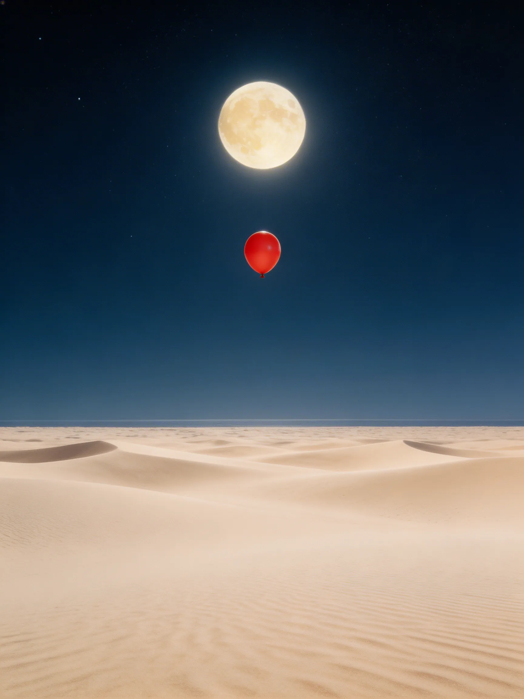 A striking surreal minimalist image of a single red balloon floating above a vast desert at night, illuminated by the moon.
