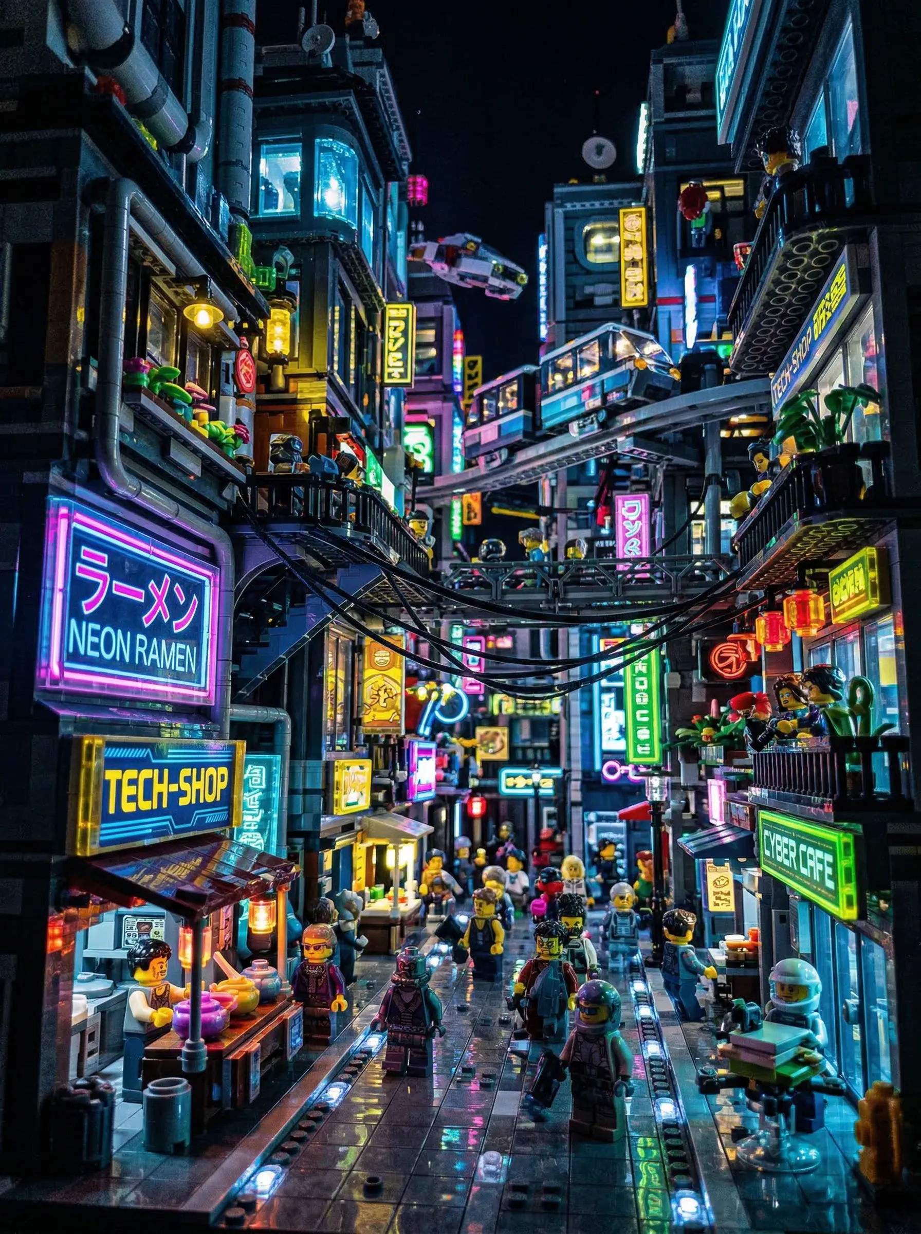 A highly detailed LEGO diorama of a cyberpunk street scene, colorful translucent LEGO bricks for neon lights, cinematic angle.
