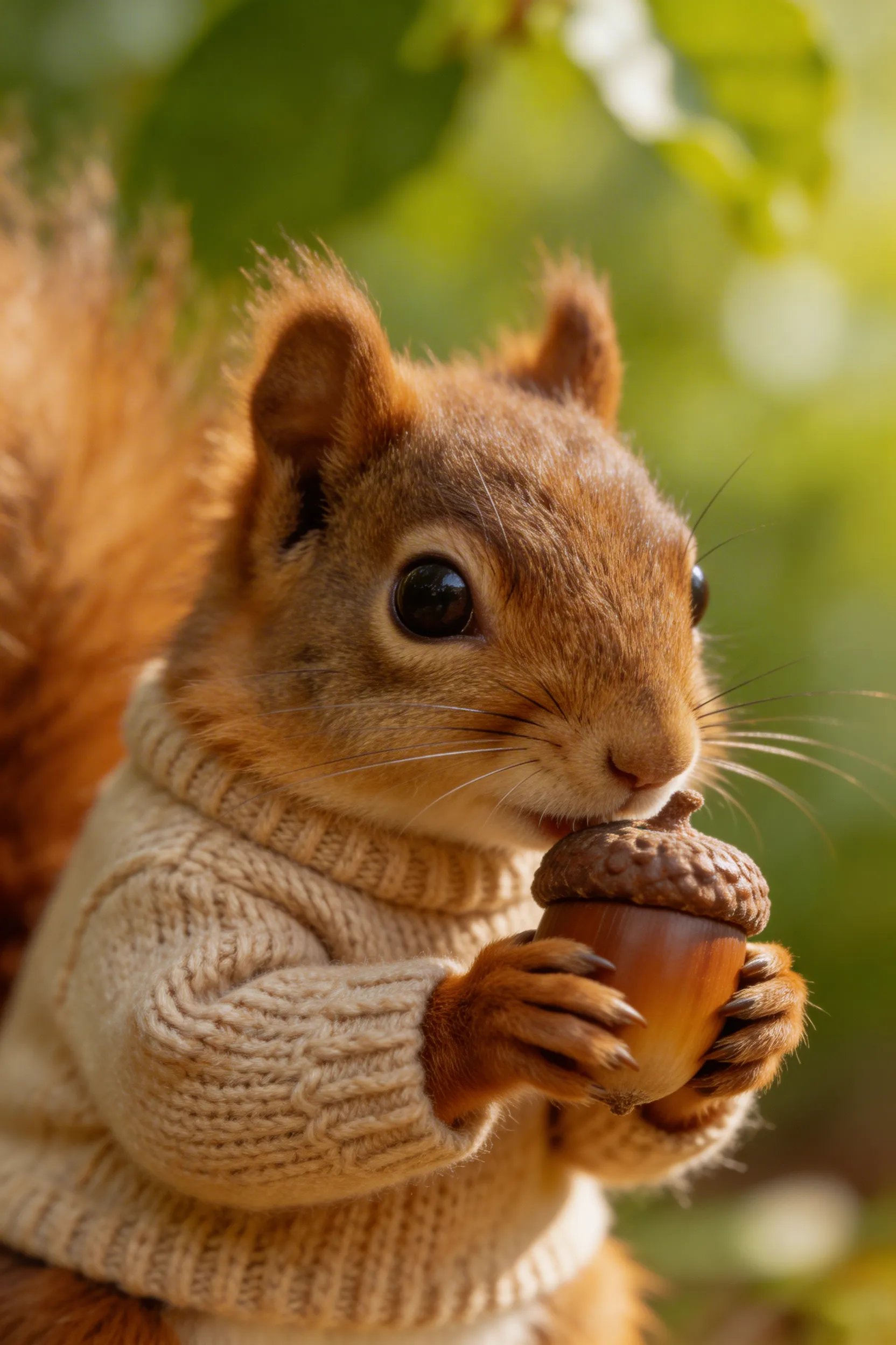 A cute squirrel wearing a tiny knitted sweater, holding an acorn like a precious jewel, macro photography.