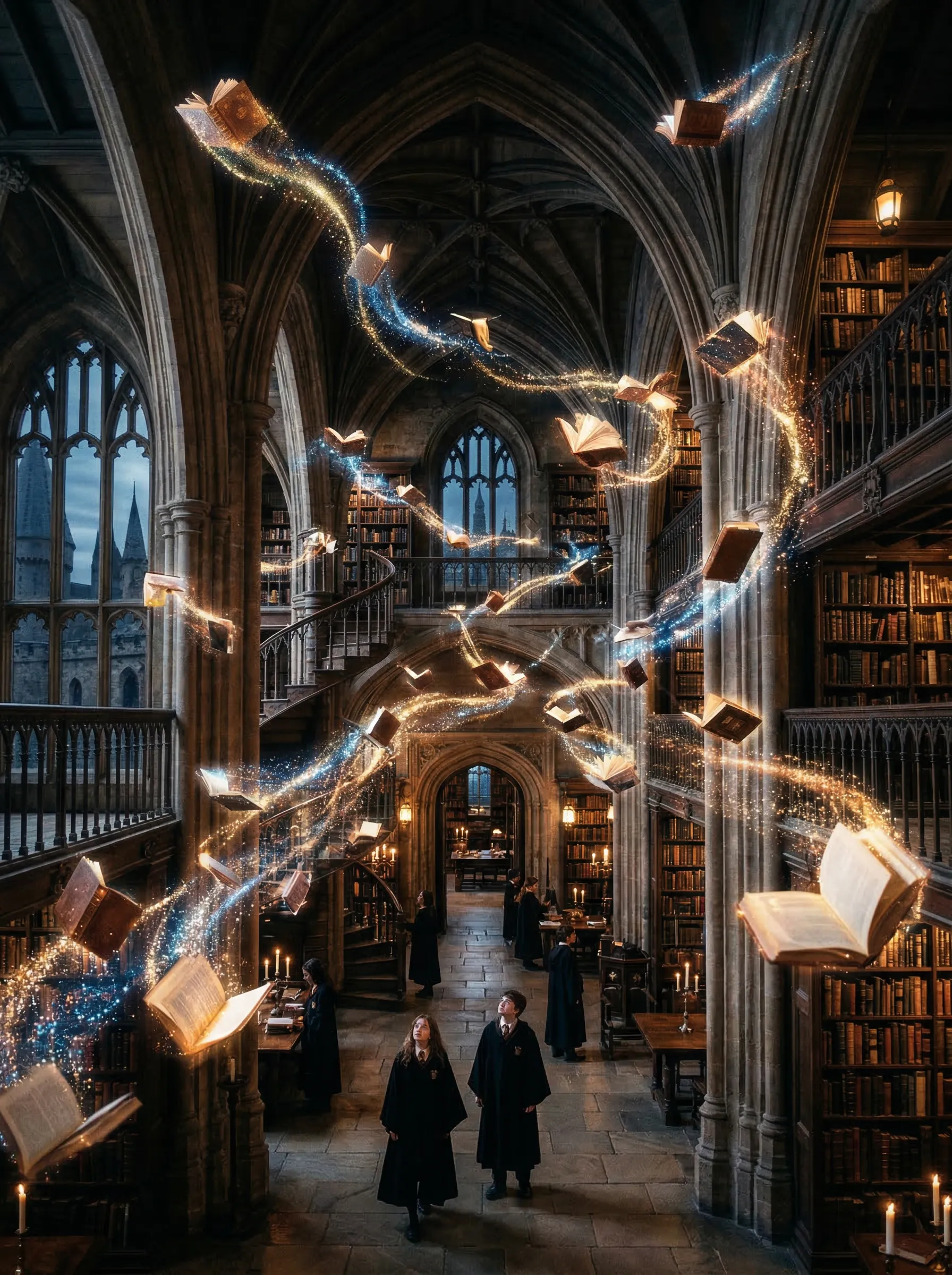A grand library where the books are flying like birds, glowing trails of magic dust, Harry Potter aesthetic.