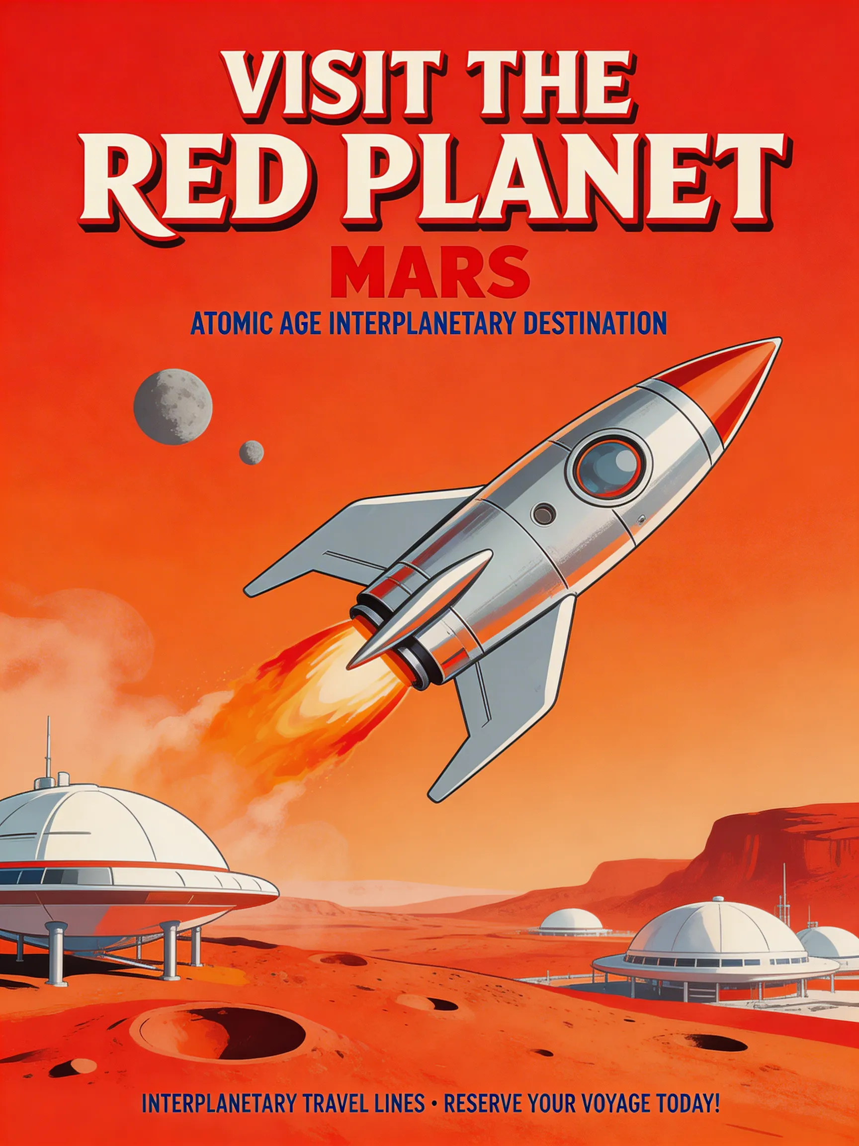 A vintage travel poster for traveling to Mars, 1950s atomic age art style, bold colors, 'Visit the Red Planet'.