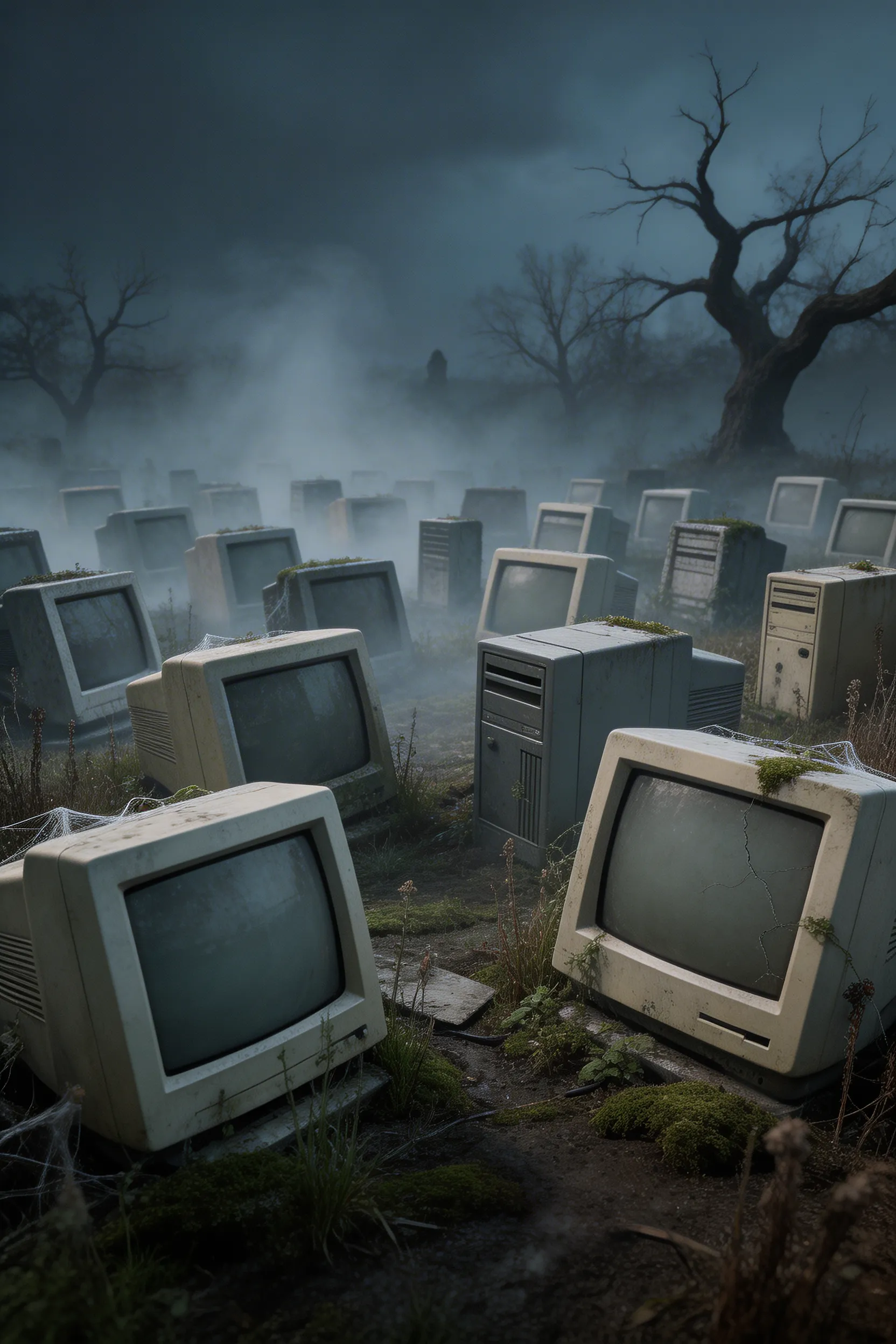An eerie, atmospheric shot of an old misty graveyard where all the tombstones are actually old, dead computers and CRT monitors.