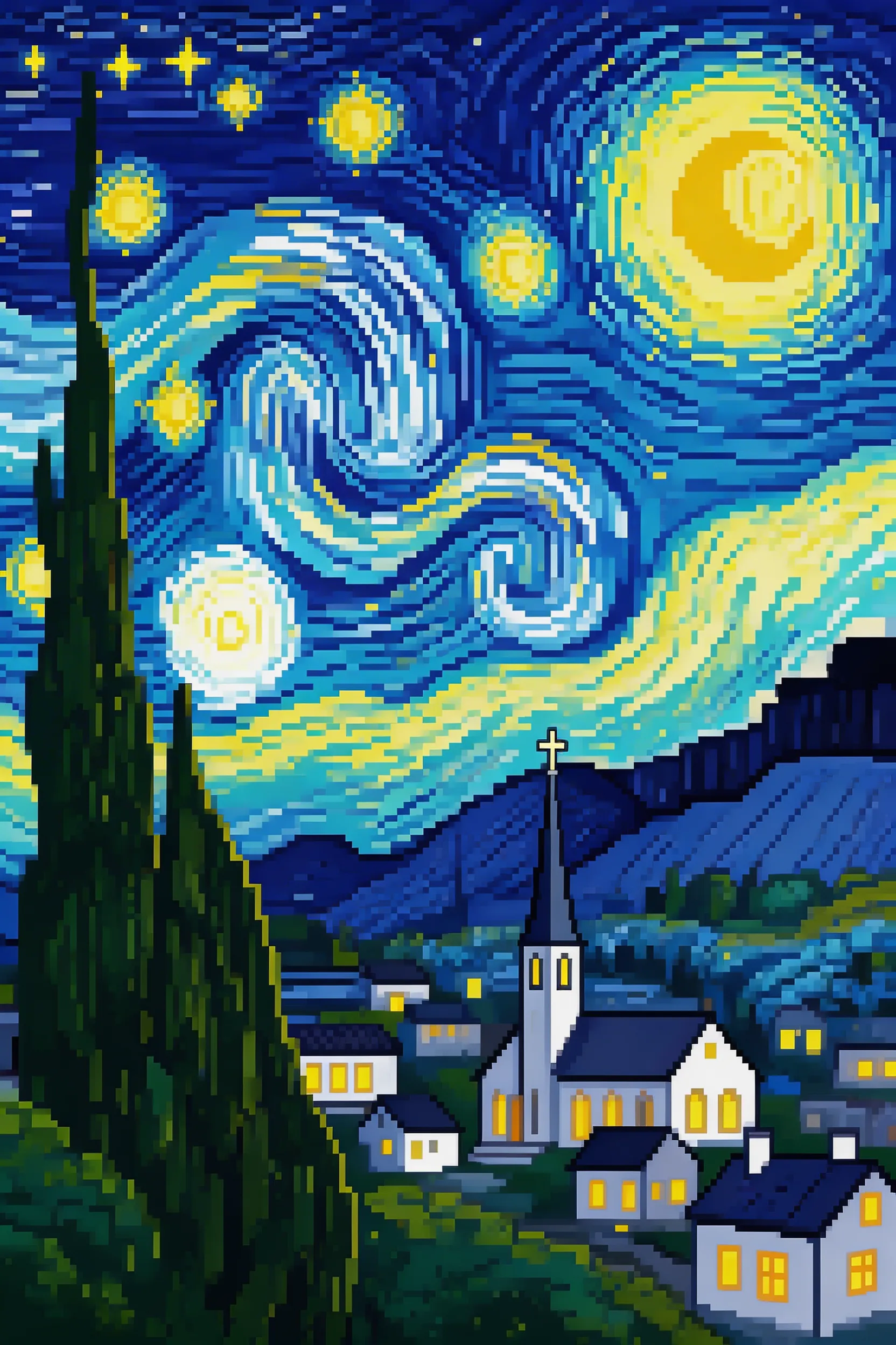 An 8-bit representation of the famous painting 'The Starry Night' by Van Gogh, vibrant colors.