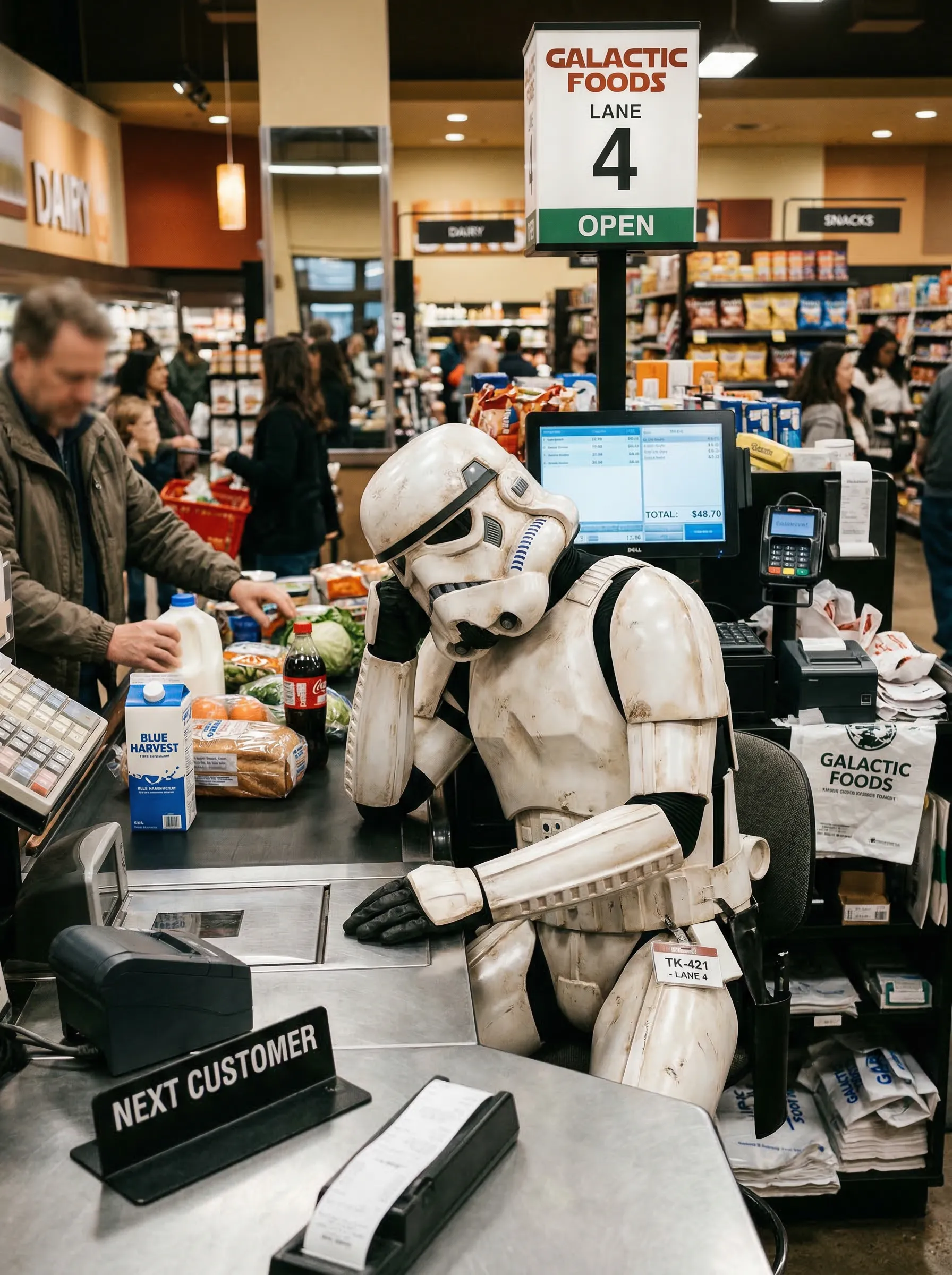 A photorealistic image of a stormtrooper working as a cashier at a grocery store, looking completely bored.
