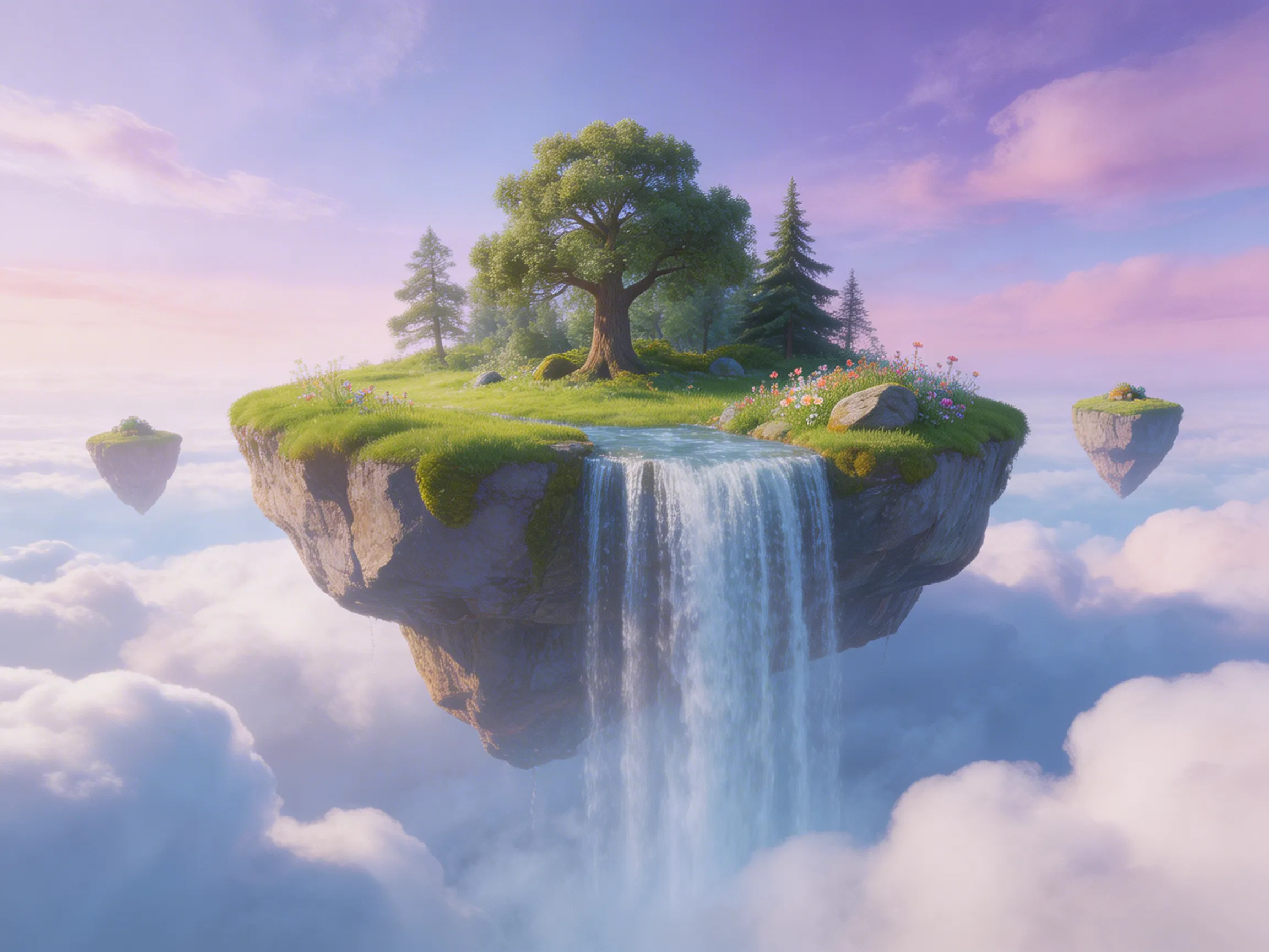 A majestic floating island with a cascading waterfall falling endlessly into the clouds below, fantasy landscape.