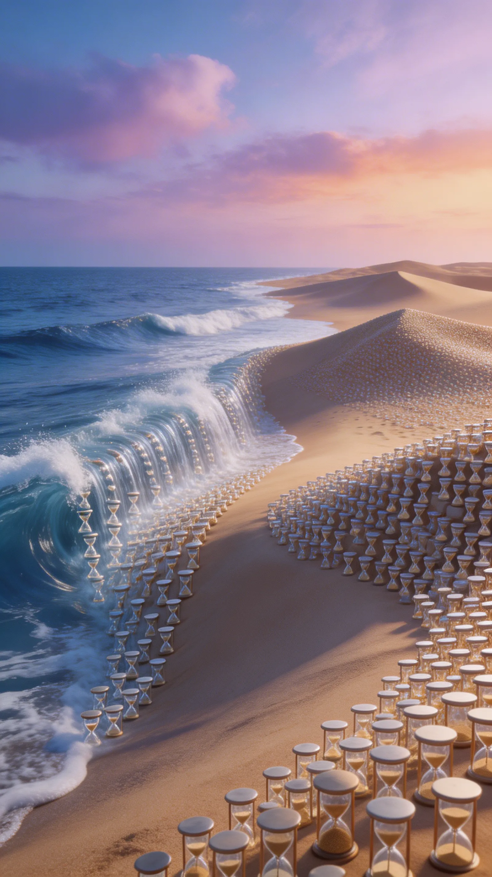 A surrealist composition where the ocean waves are melting into a desert made of tiny hourglasses.
