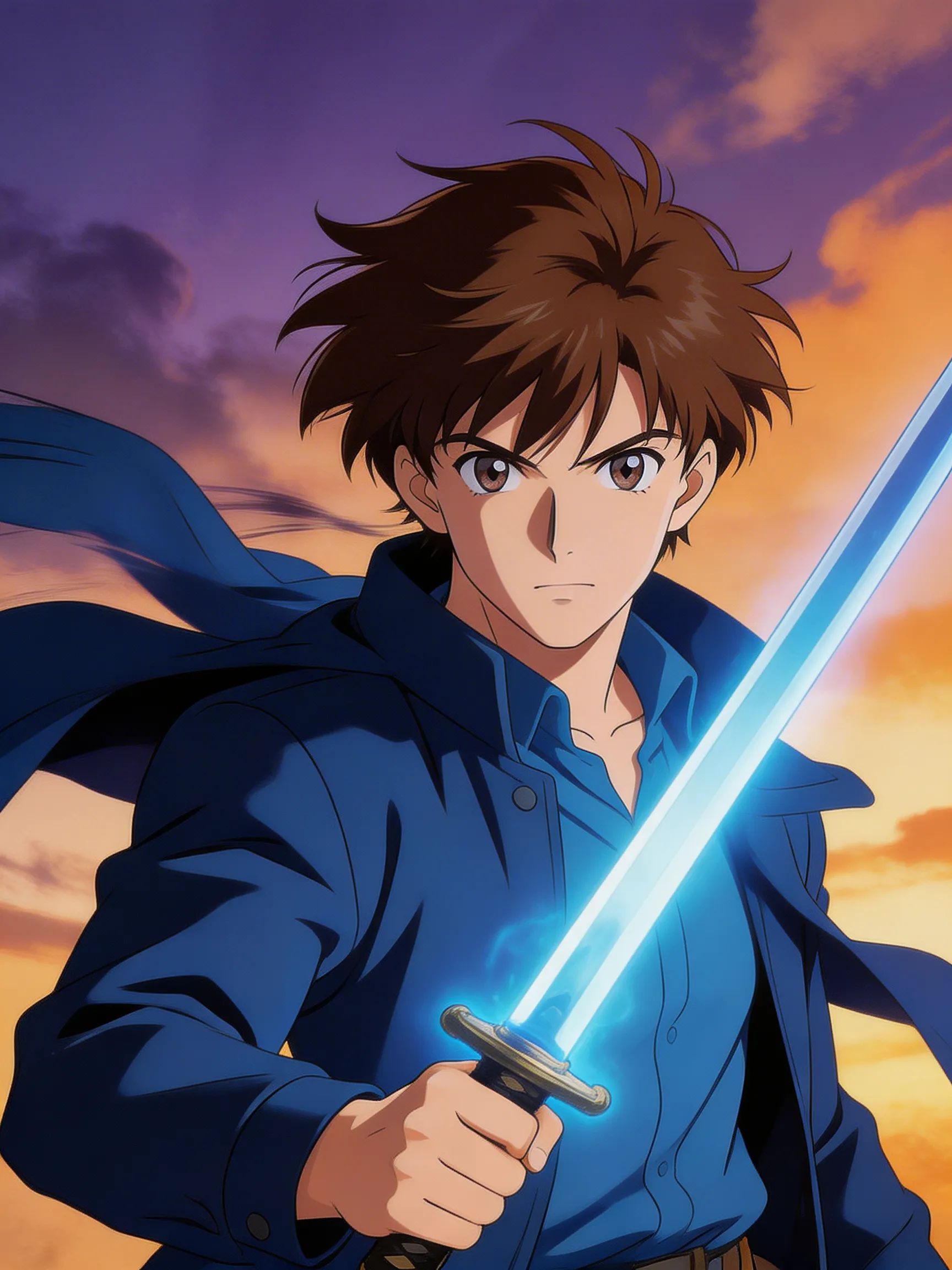 A breathtaking 90s anime portrait of a boy standing in the wind holding a glowing blue sword, dramatic shadows, masterpiece.