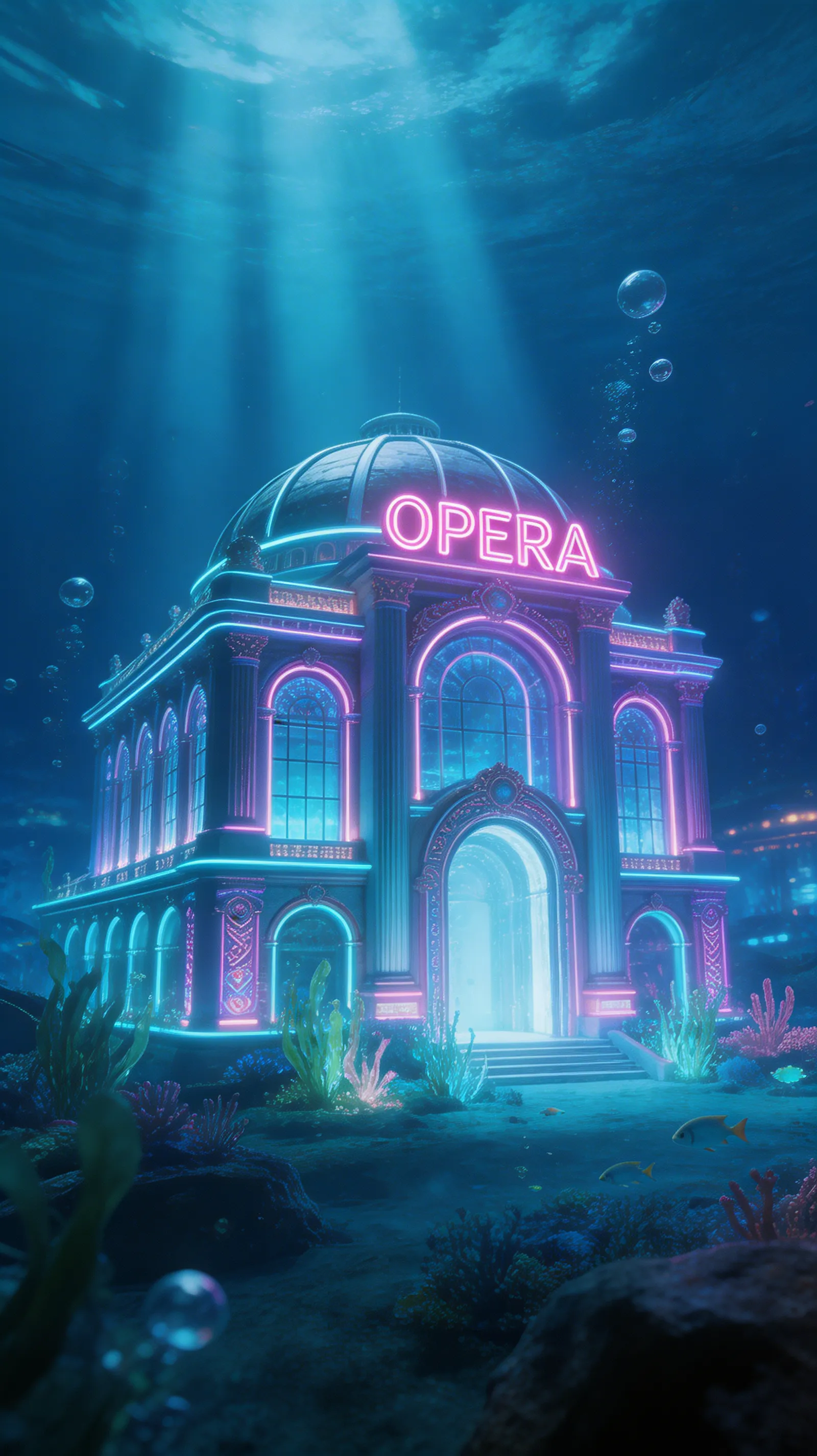 A grand cyberpunk opera house underwater, glowing with bioluminescent patterns, high detail concept art.