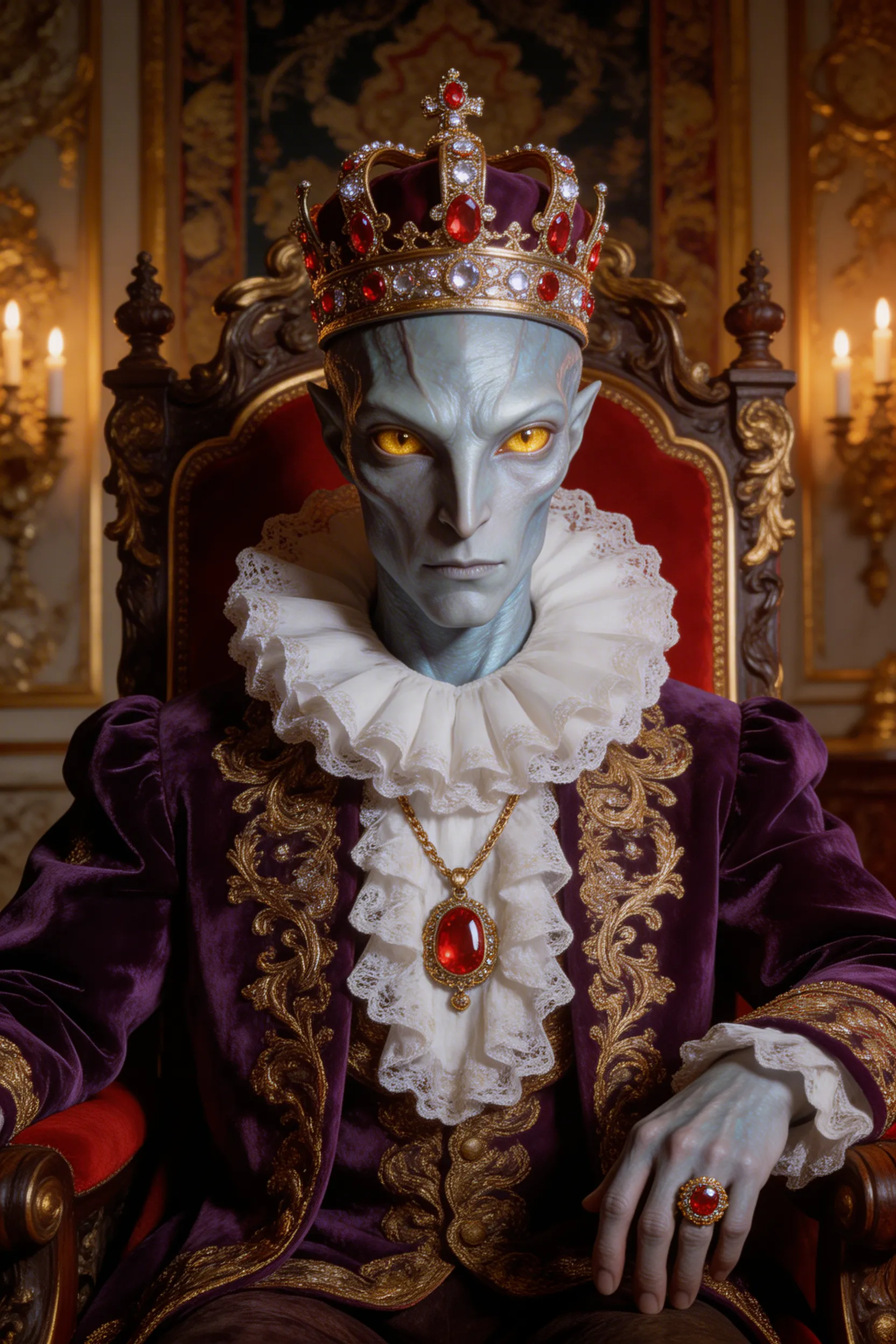 A photorealistic portrait of an alien posing as a baroque king, wearing ruffled collars and royal jewels.